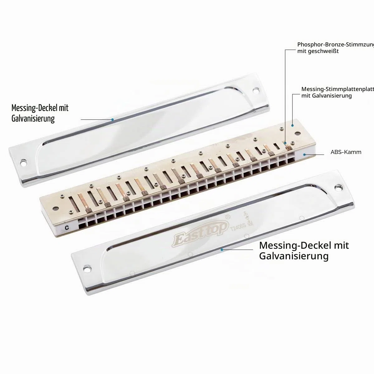 East Top Mundharmonika, Tremolo Mundharmonika Tonart C 24 Löcher T2406S Mundharmonika für Erwachsene, Profis, Anfänger und Studenten, als Geschenk (C)