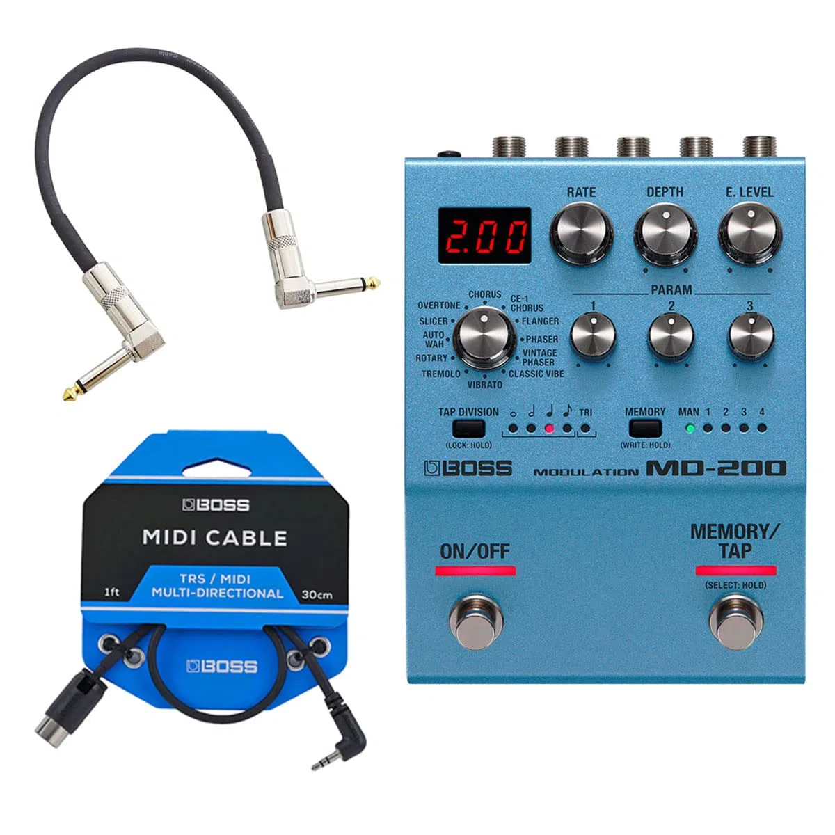 Boss MD-200 Modulation Pedal + BMIDI-1-35 MIDI-TRS Kabel + keepdrum Patchkabel