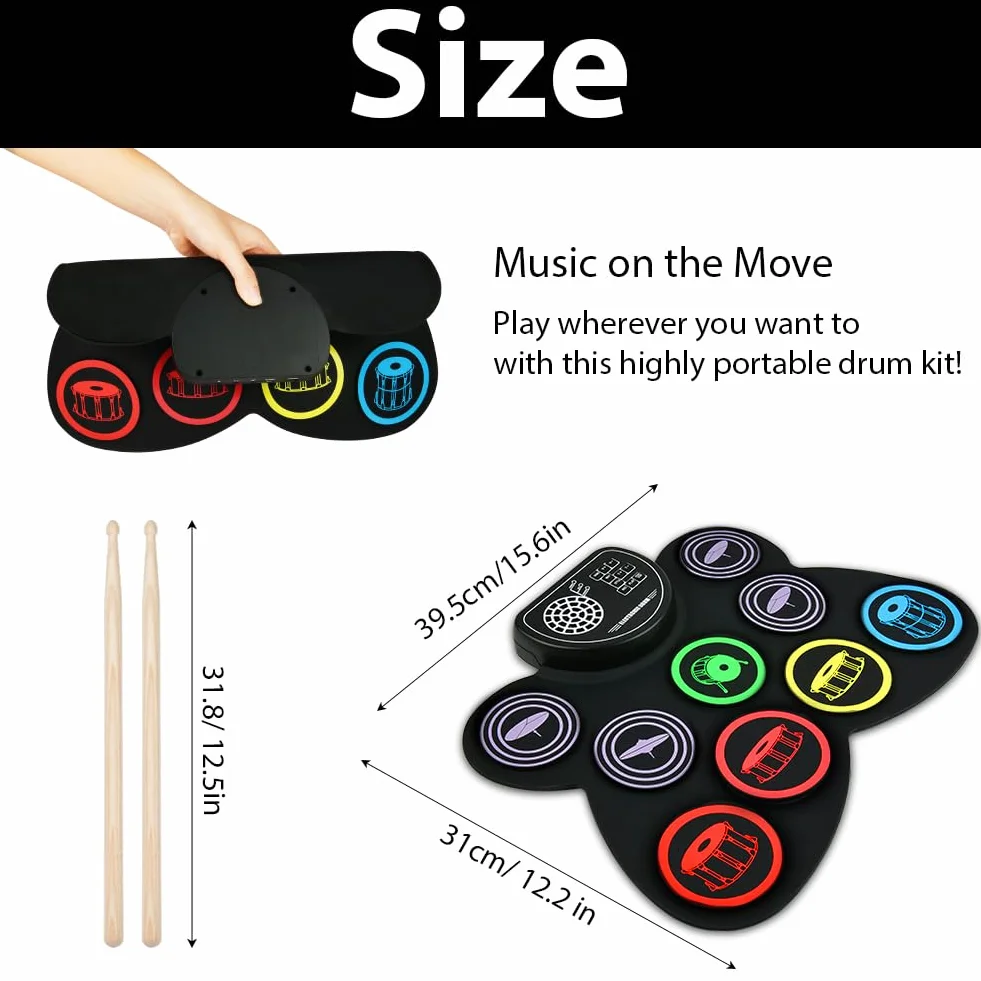 OFFCUP Elektrisches Schlagzeug, Roll Up Drum Kit mit 9 Drum Pads, Faltbares elektronisches schlagzeug mit 3.5mm Kopfhöreranschluss, Lautsprecher, Holzstäbe und Pedale mit Anfänger und Kinder
