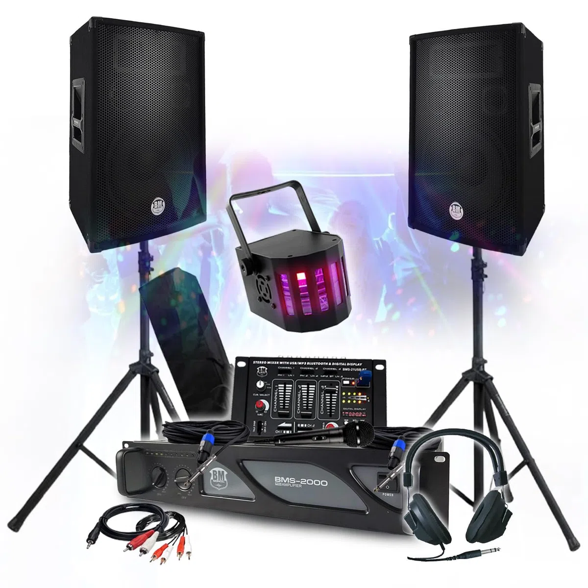 Set Sono DJ 3400 W Verstärker 2000 W, Paar Lautsprecher 2 x 700 W, Mischpult, Füße, DJ-Kopfhörer, Kabel, Mikro-LED-Beleuchtung
