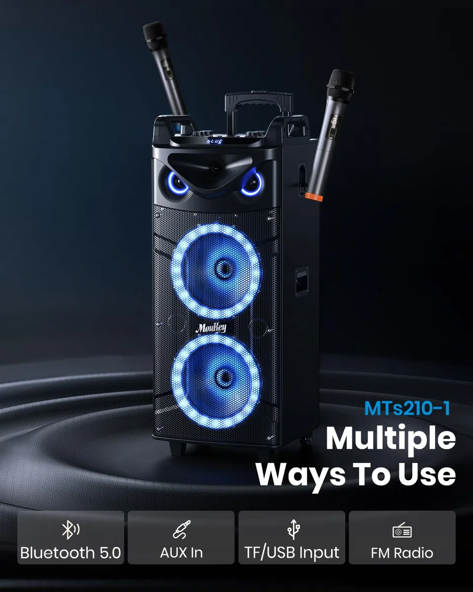 Moukey Karaoke Maschine Große Karaoke Anlage mit 2X 26cm Woofer & 8cm Tweeter & 2 Mikrofonen, Wiederaufladbarer Bluetooth Lautsprecher mit Lichteffekt Tablettenhalter TWS/Rec/AUX/USB/TF/FM für Party