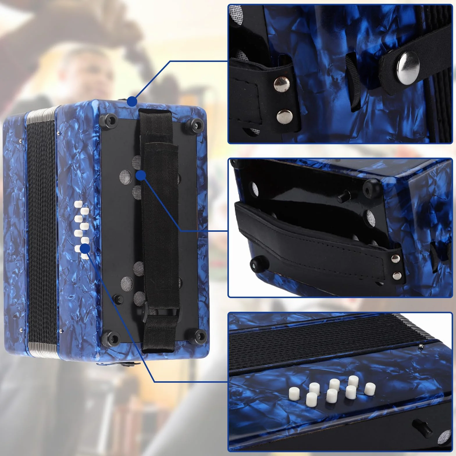 Akkordeon 22 Tasten, Ziehharmonika mit Riemen, Akkordeon für Erwachsene, 8 Bass Accordion, Professionell Keyboard Instrument, Geschenk für Anfänger und Kinder Leistung