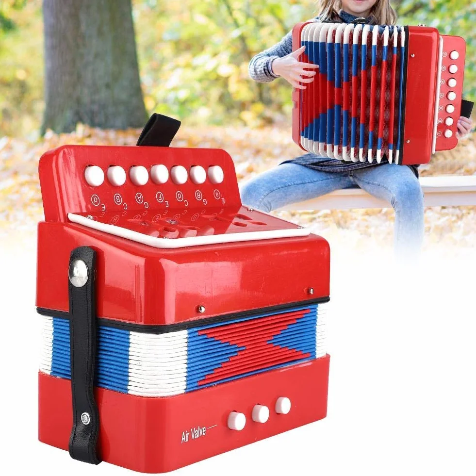 Mini Akkordeon Spielzeug, 7 Tasten Musikinstrument für Kinder, Rotes Lern-Akkordeon für Kleinkinder und Anfänger
