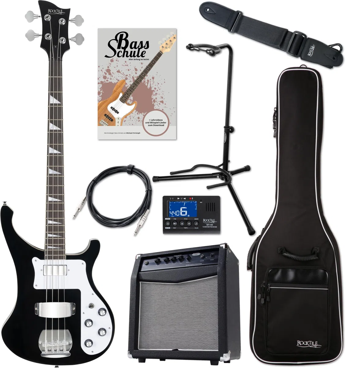 Rocktile Pro RB-400B Blackbird E-Bass Super Set - 4-Saiter Longscale E-Bass - Inklusive Amp, Gigbag, Tuner, Gurt, Ständer, Kabel und Schule - schwarz