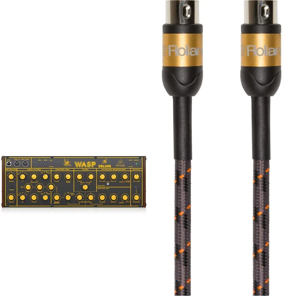 Behringer Wasp Deluxe Legendärer analoger Synthesizer mit Dual OSCs, Multi-Mode VCF, 16-stimmiger Poly Chain und Eurorack-Format & Roland Gold-Serie Premium-MIDI-Kabel, Länge: 3 ft./1 m – RMIDI-G3