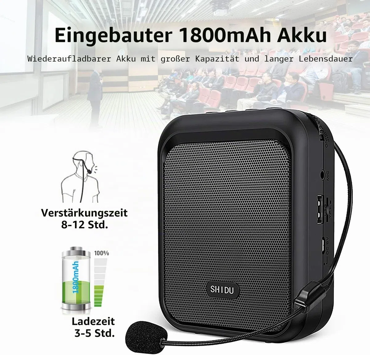 SHIDU Sprachverstärker Tragbarer wiederaufladbarer Bluetooth-Lautsprecher mit kabelgebundenem Mikrofon-Headset 10W 1800mAh PA-System Unterstützt Audio im MP3-Format für Lehrer, Taxifahrer, Reiseleiter