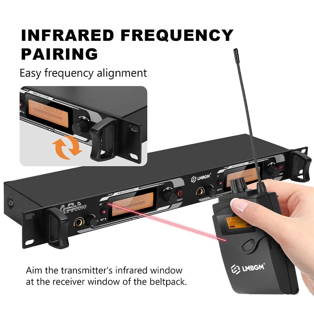 AR2090 Mono UHF Dual Channel Wireless In-Ear Monitoring System Ideal für Aufnahmestudios, Kirchen und Bandaufführungen (2 Kanäle, 8 Bodypack)