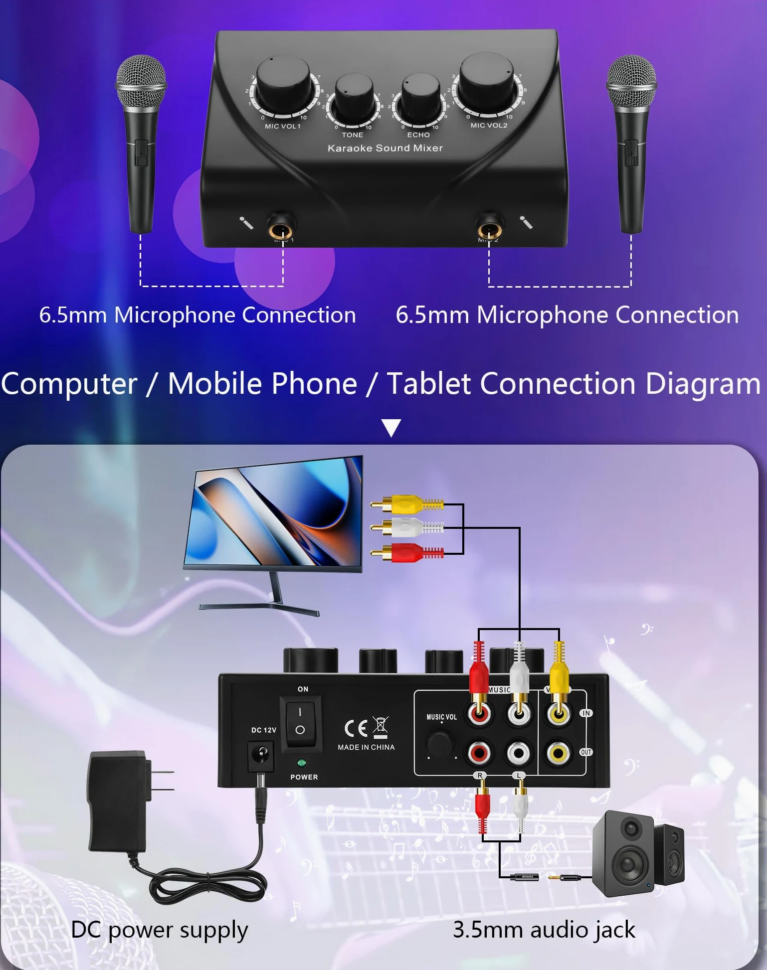 CERRXIAN Karaoke-Soundmixer, zwei Mikrofonanschlüsse mit Echo-Regler, kompatibel mit Fernseher, Computer, Smartphone und Tablet für Karaoke-Partys zu Hause