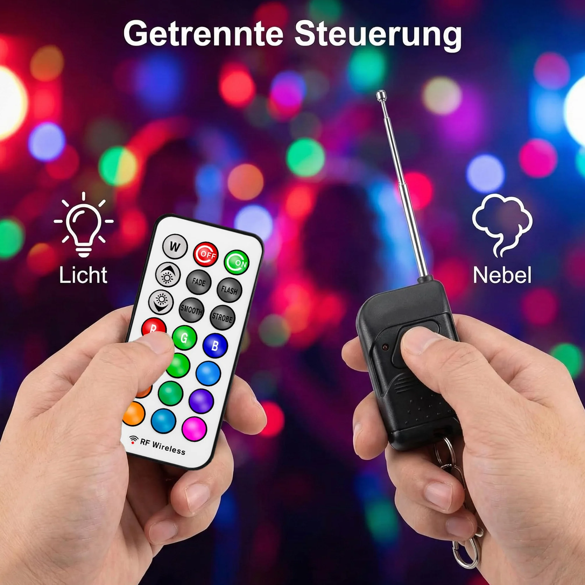 Nebelmaschine 500W mit 8 RGB LEDs & Lichteffekten, Mini Fog Machine mit 3m Kabel-Fußschalter & 2 Funkfernbedienungen, Automatik Rauchmaschine für Halloween, Party, DJ, Bühne & Hochzeit