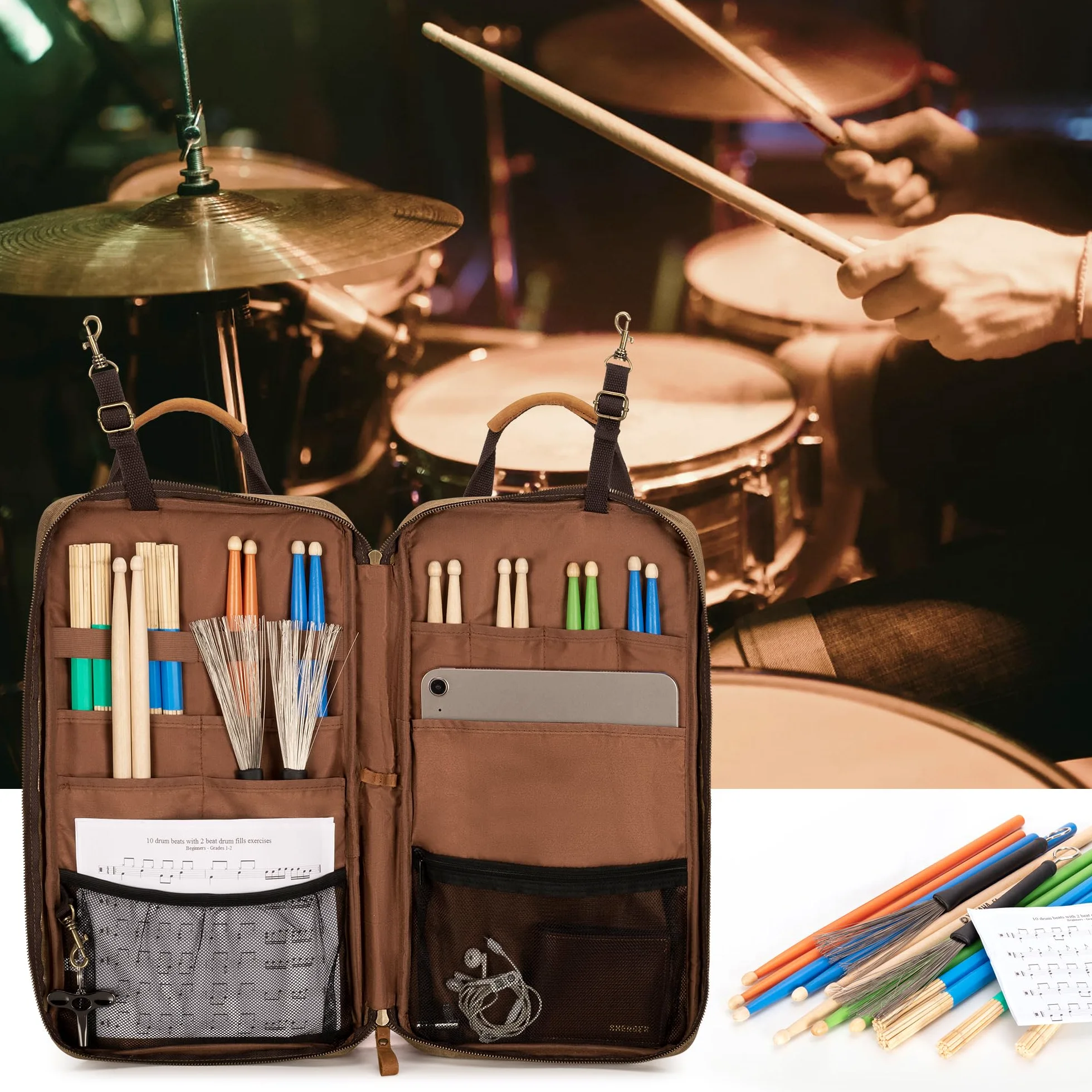 Damero Trommelstocktasche aus gewachstem Canvas, Mallet Aufbewahrungstasche mit Griff und abnehmbarem Schulterriemen, Stocktasche für Schlagzeuger, Anfänger Bands Drummer, Gigs