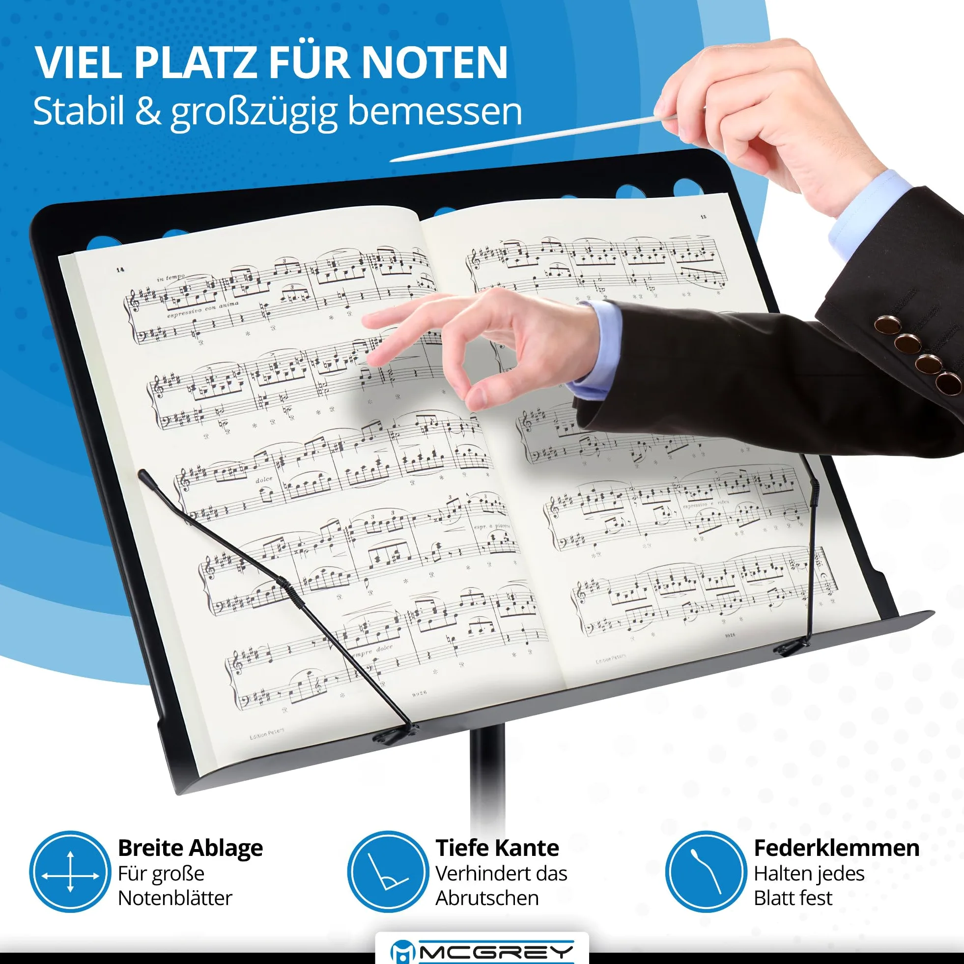 McGrey 11940 Orchesterpult Lochblech Notenständer - stabiler Metall-Ständer - Dreibein und höhenverstellbar von 69 cm bis 115 cm - mit Notenklemmen und abnehmbarer Ablage - Deluxe Notenpult Schwarz
