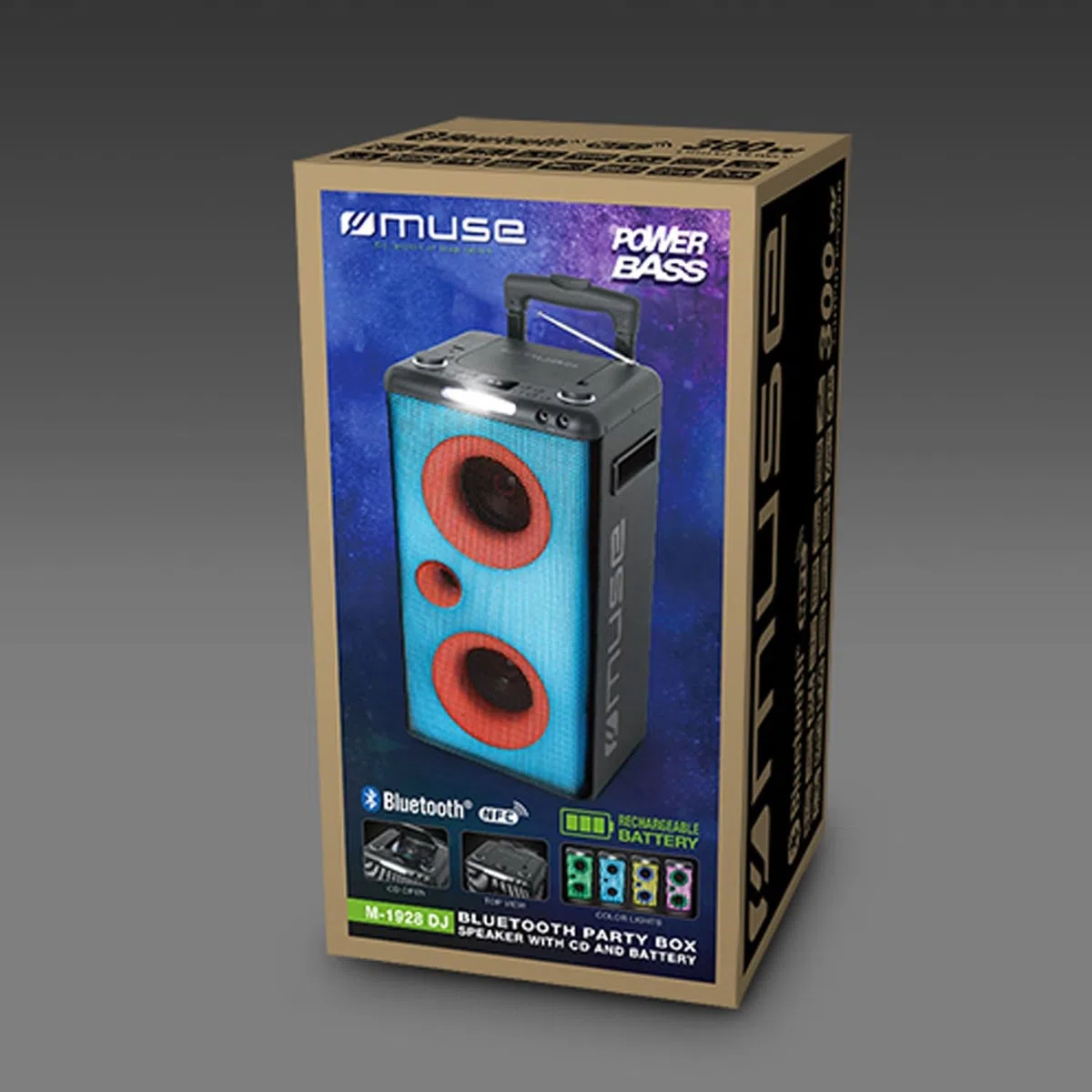 MUSE M-1928 DJ Trolley-Soundanlage, Komplett Beleuchtet mit Display, CD-Player und Radio, Akkubetrieben, mit Party-Licht-Effekten, Mobile Musikbox, Bluetooth Lautsprecher mit Mikrofon