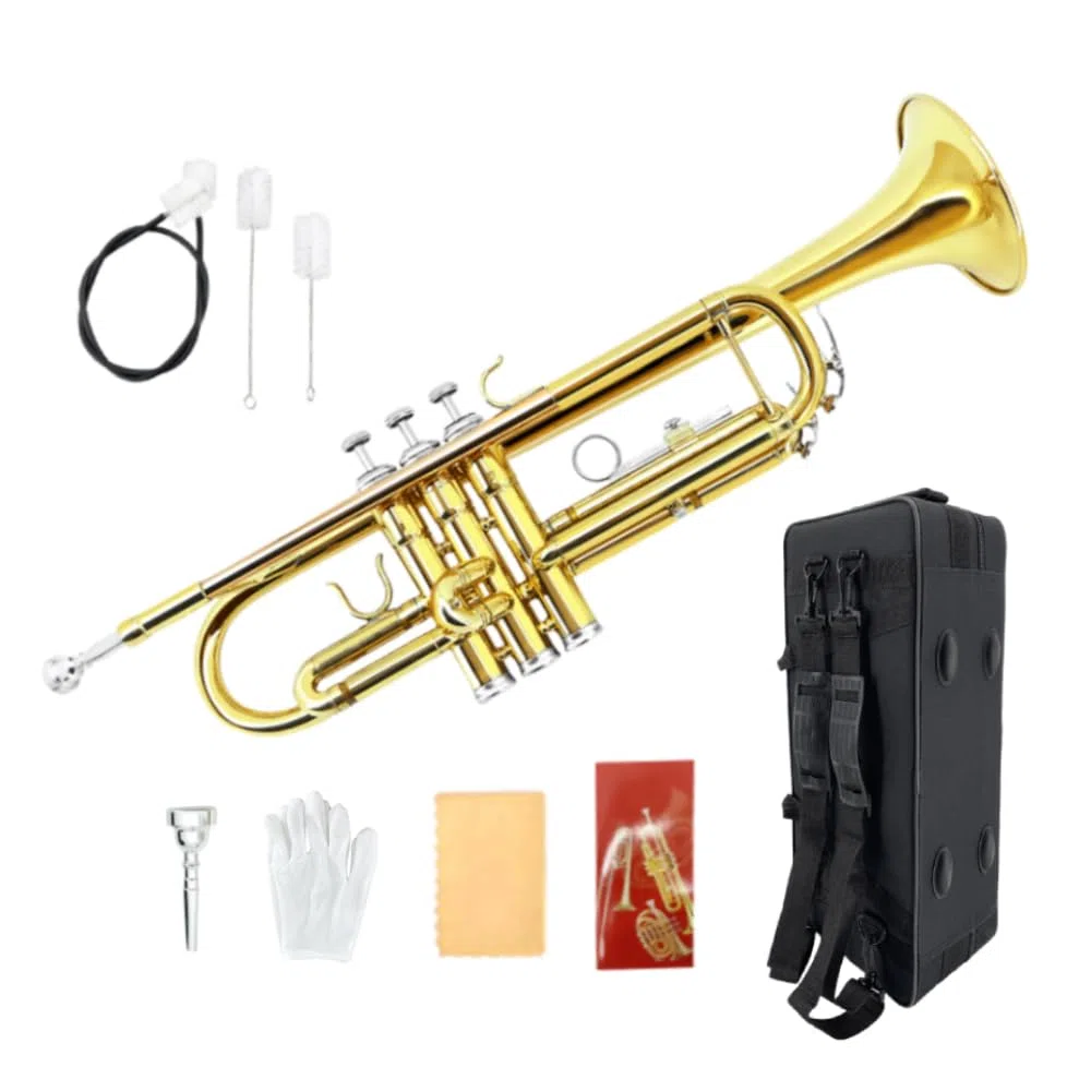 Standard Bb Trompete Set für Anfänger, Studenten Trompete, Messing Trompeteninstrument, B Flach, mit 7C Mundstück, Reinigungstuch, Handschuhen und Hartschalenkoffer (Golden)