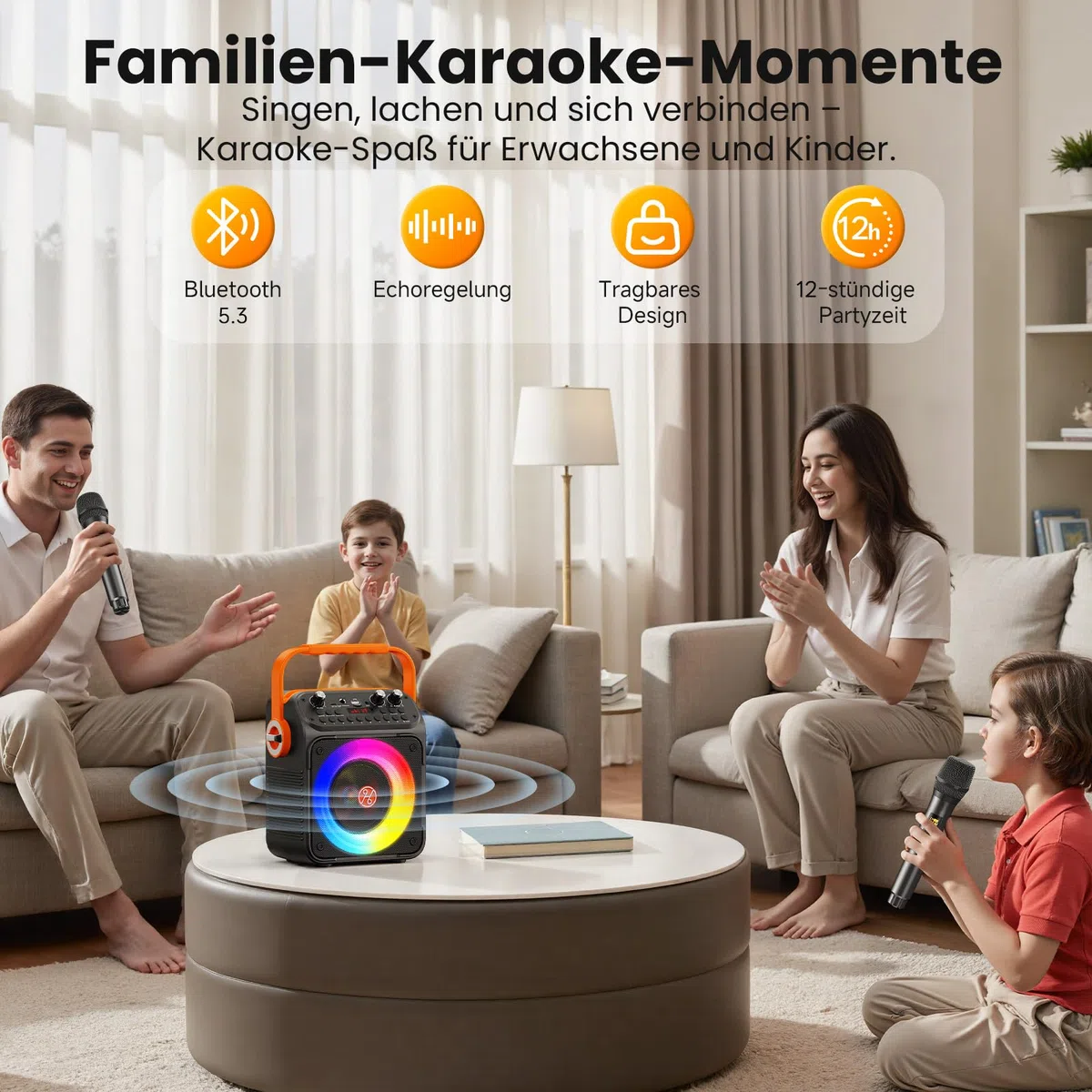 HWWR Karaoke Maschine mit 2 Mikrofonen, Bluetooth 5.3 Lautsprecher mit LED-Lichteffekten und Echo-Regelung, tragbare Karaoke Box mit USB/AUX/TF/FM, für Kinder und Erwachsene