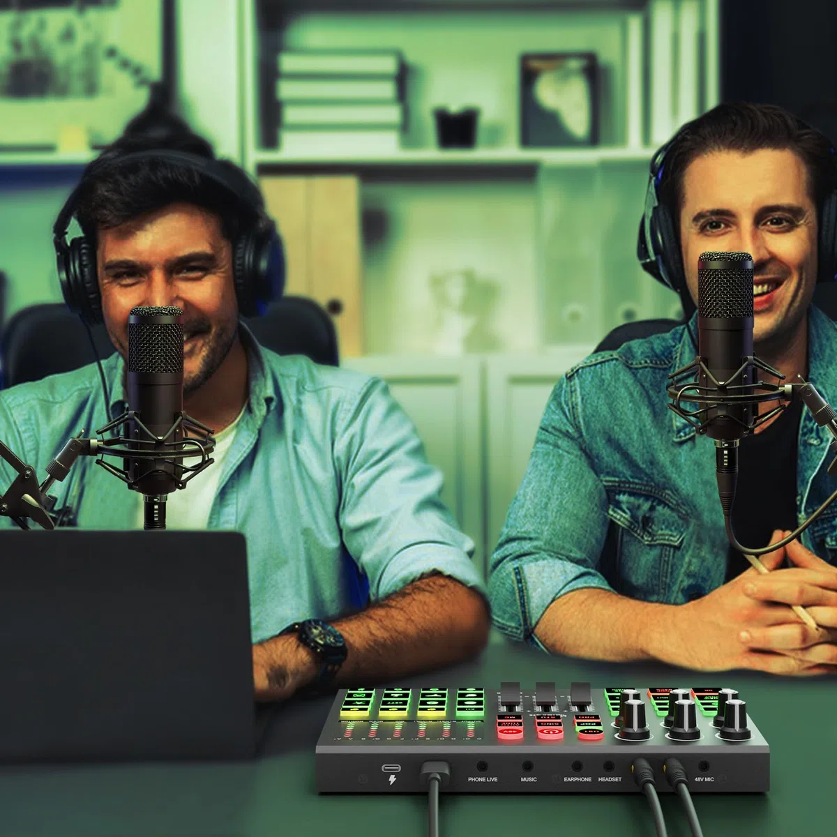 Podcast-Ausrüstungspaket für 2, Audio-Schnittstelle, DJ-Mixer mit Podcast-Mikrofon, Sprachwechsel, 48 V für Podcast, Streaming, TikTok, Youtube, PC, Smartphone