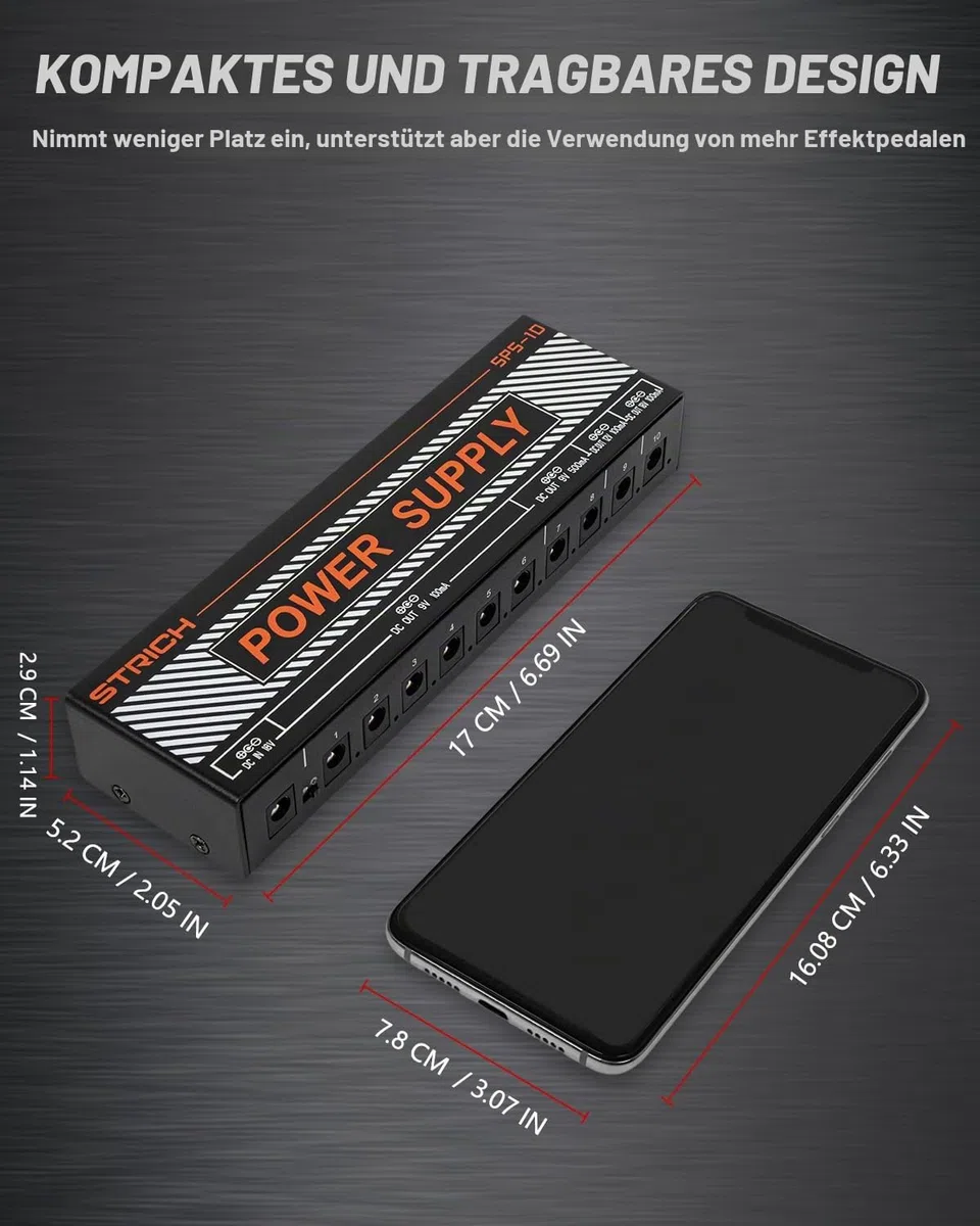 STRICH SPS-10 Gitarrenpedal-Netzteil, 10 Isolierte DC Ausgänge für 9V/12V/18V Gitarre Bass Effektpedale, 100mA 500mA Pedalboard-Netzteil mit Kurzschlussschutz