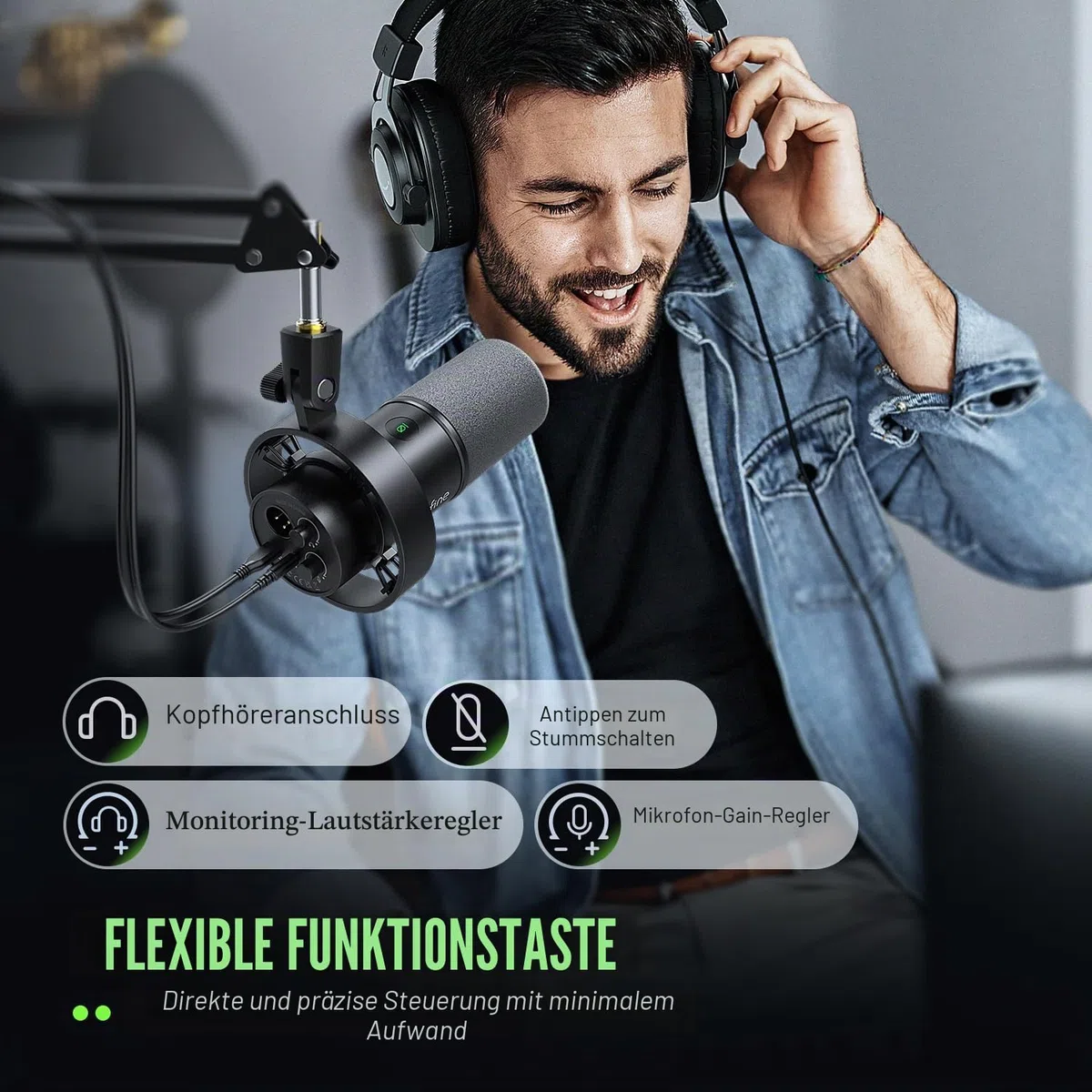 FIFINE Podcast Mikrofon K688 mit Boom Arm, USB/XLR Dynamic Mic Kit mit Mute Button, 3,5 mm Kopfhörer Jack für Studio/Musikaufnahme/Streaming Kompatibel mit PC/Computer/XLR Mixer - K688CT