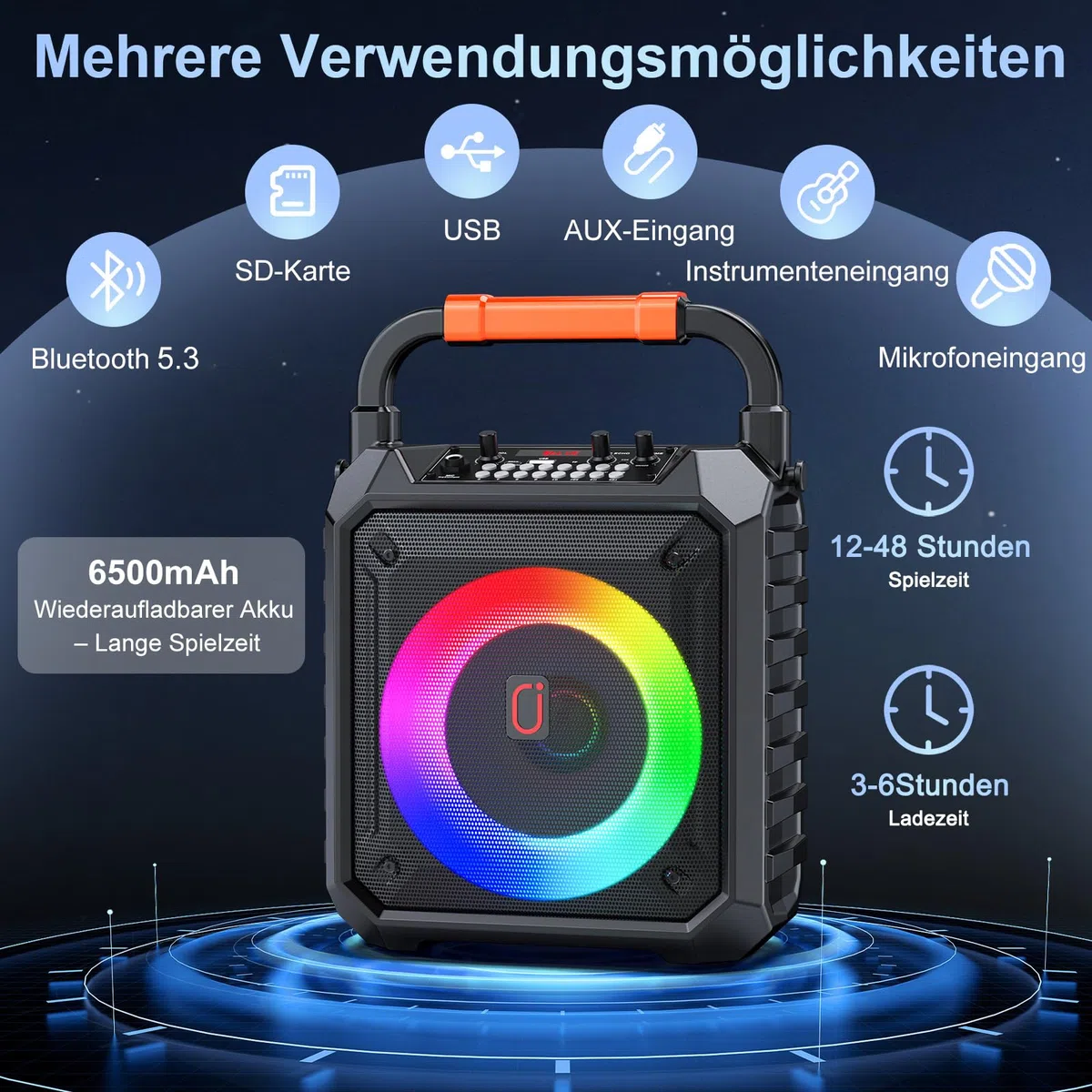 JYX Karaoke Maschine mit 2 kabellosen Mikrofonen, Bluetooth 5.3, 80W Lautsprecher, 6,5-Zoll-Bass, bis 12 Std., LED-Licht, USB/TF/AUX, tragbares Karaoke Set für Kinder und Erwachsene