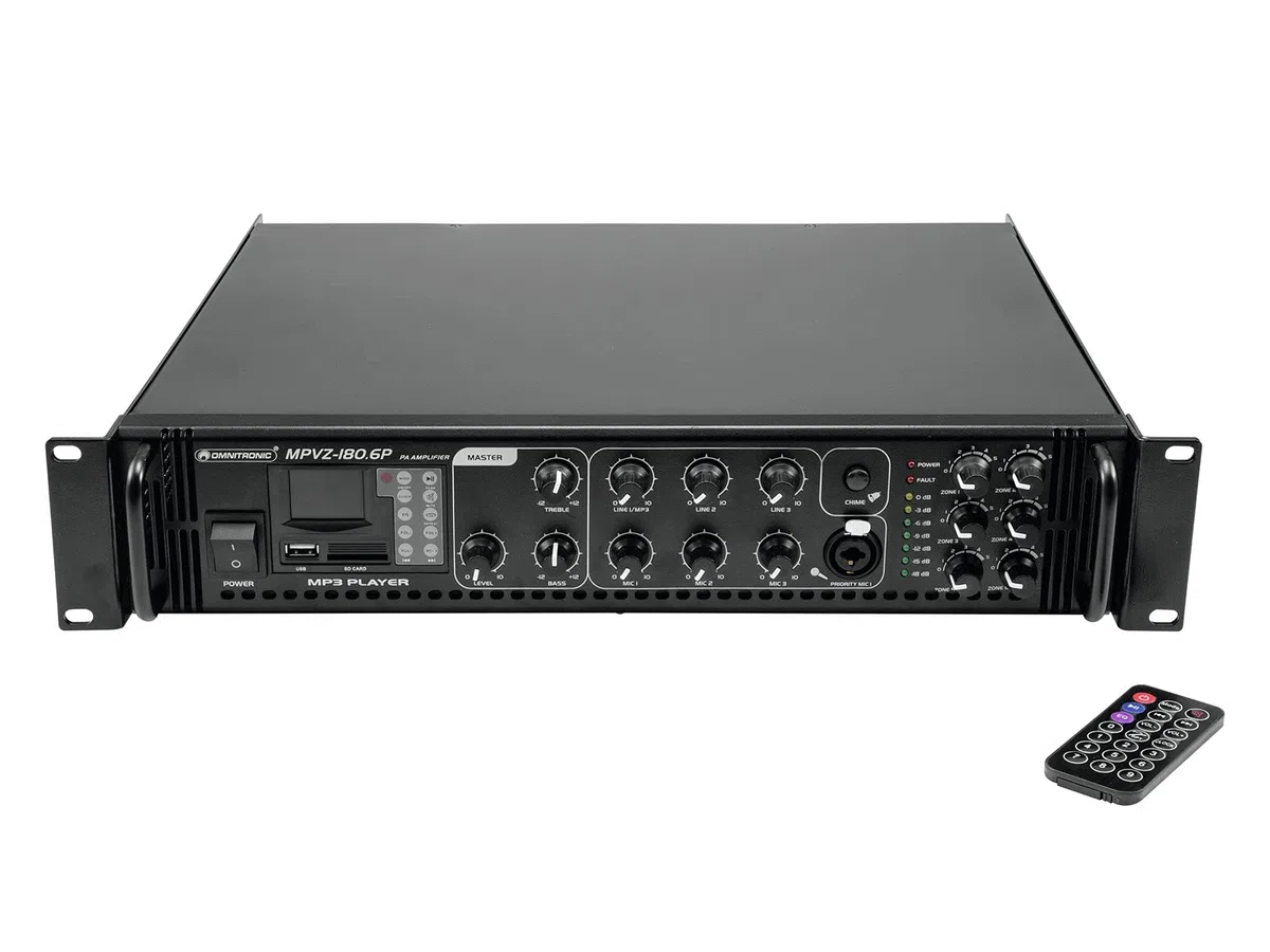 OMNITRONIC MPVZ-180.6P Mischverstärker | 6-Zonen-ELA-Mono-Mischverstärker, MP3-Player & IR-FB, Zonen regelbar, 180 W