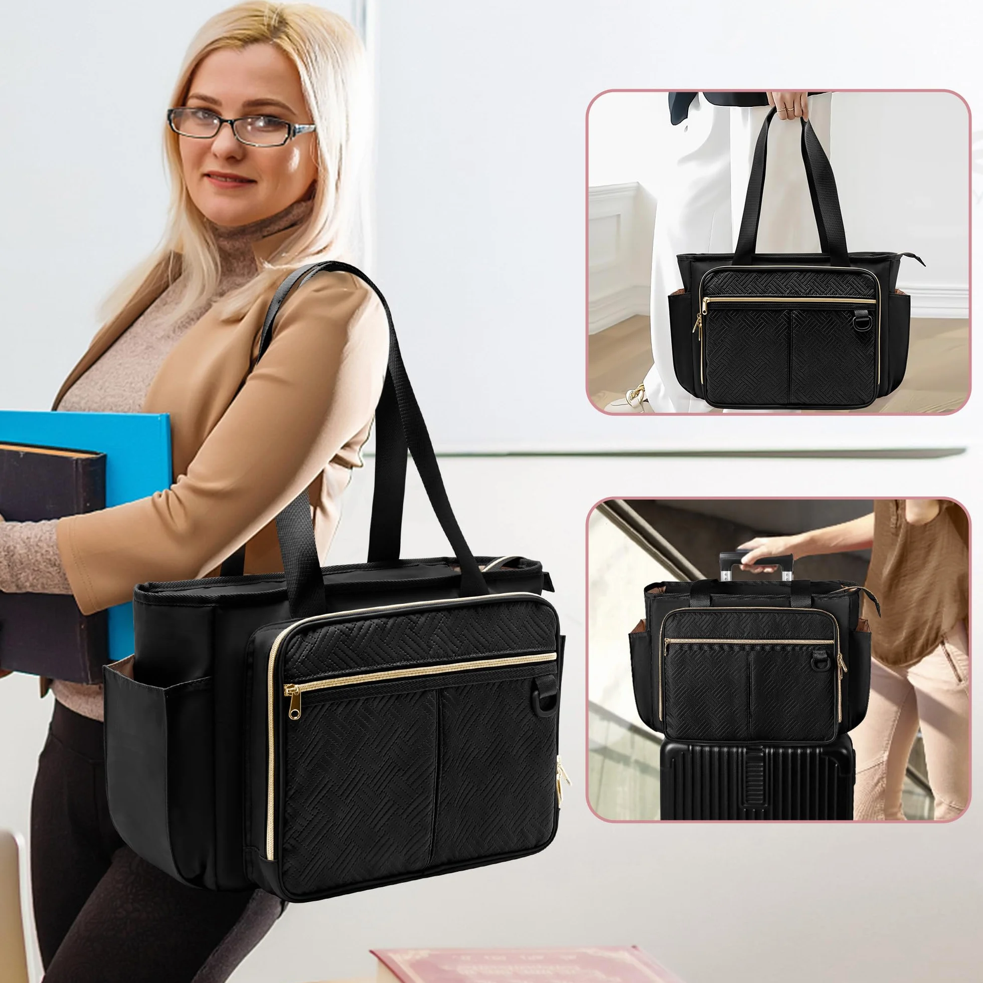 Tragetasche für Lehrer mit Akkordeon-Aktenfach, große Arbeitstasche für Lehrerinnen für Frauen, Schwarz (Patentdesign)
