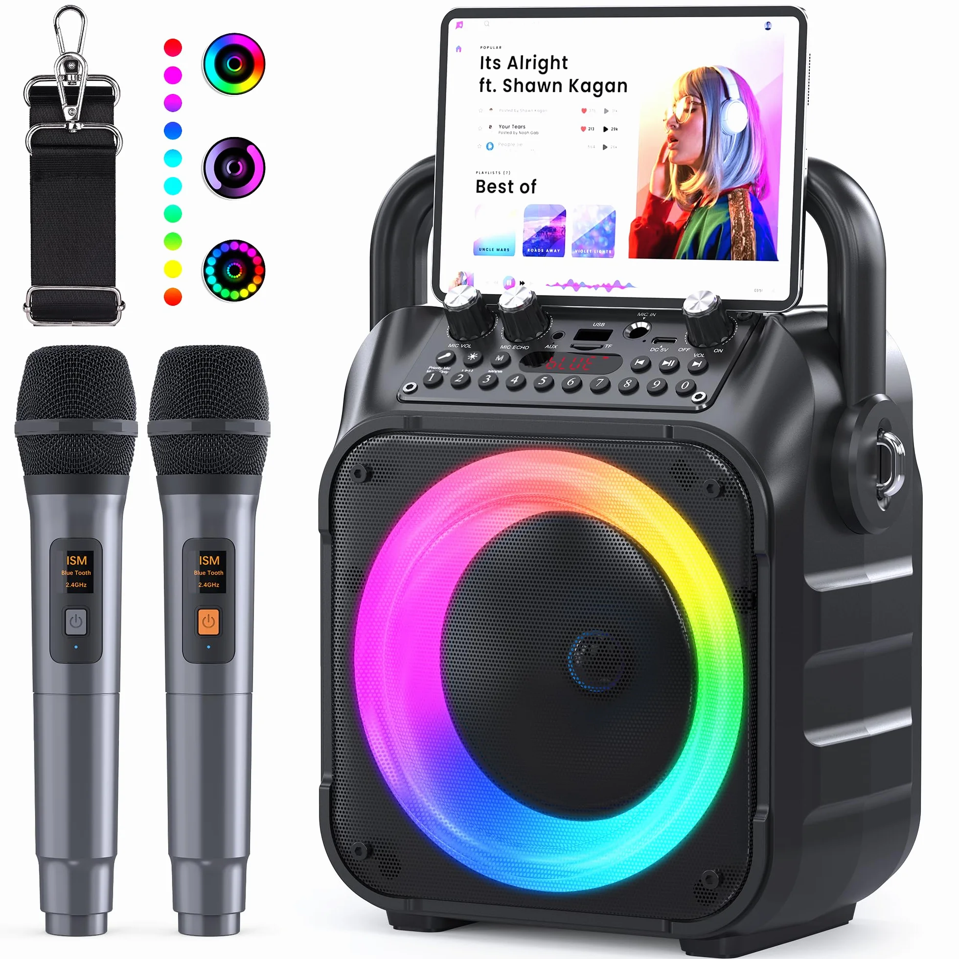 Karaoke Maschine Ankuka Karaoke Anlage mit 2 Mikrofonen Bluetooth Lautsprecher für Erwachsene & Kinder, unterstützt TV/TWS/FM/AUX/USB/TF/Rec/Studiomonitore (Schwarz)