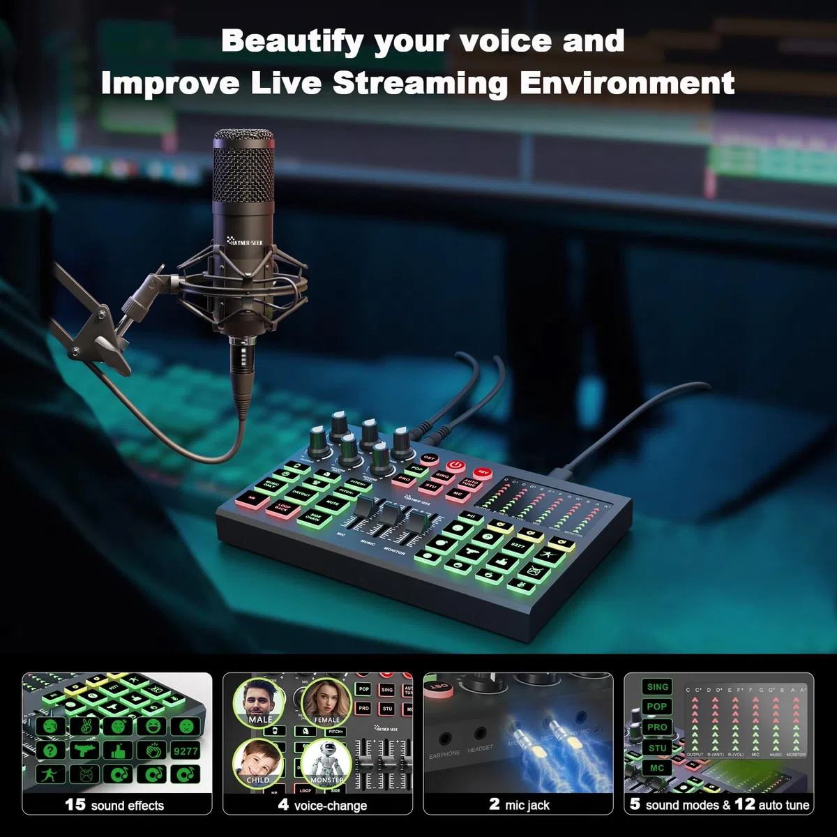 Podcast-Ausrüstungspaket für 2, Audio-Schnittstelle, DJ-Mixer mit Podcast-Mikrofon, Sprachwechsel, 48 V für Podcast, Streaming, TikTok, Youtube, PC, Smartphone