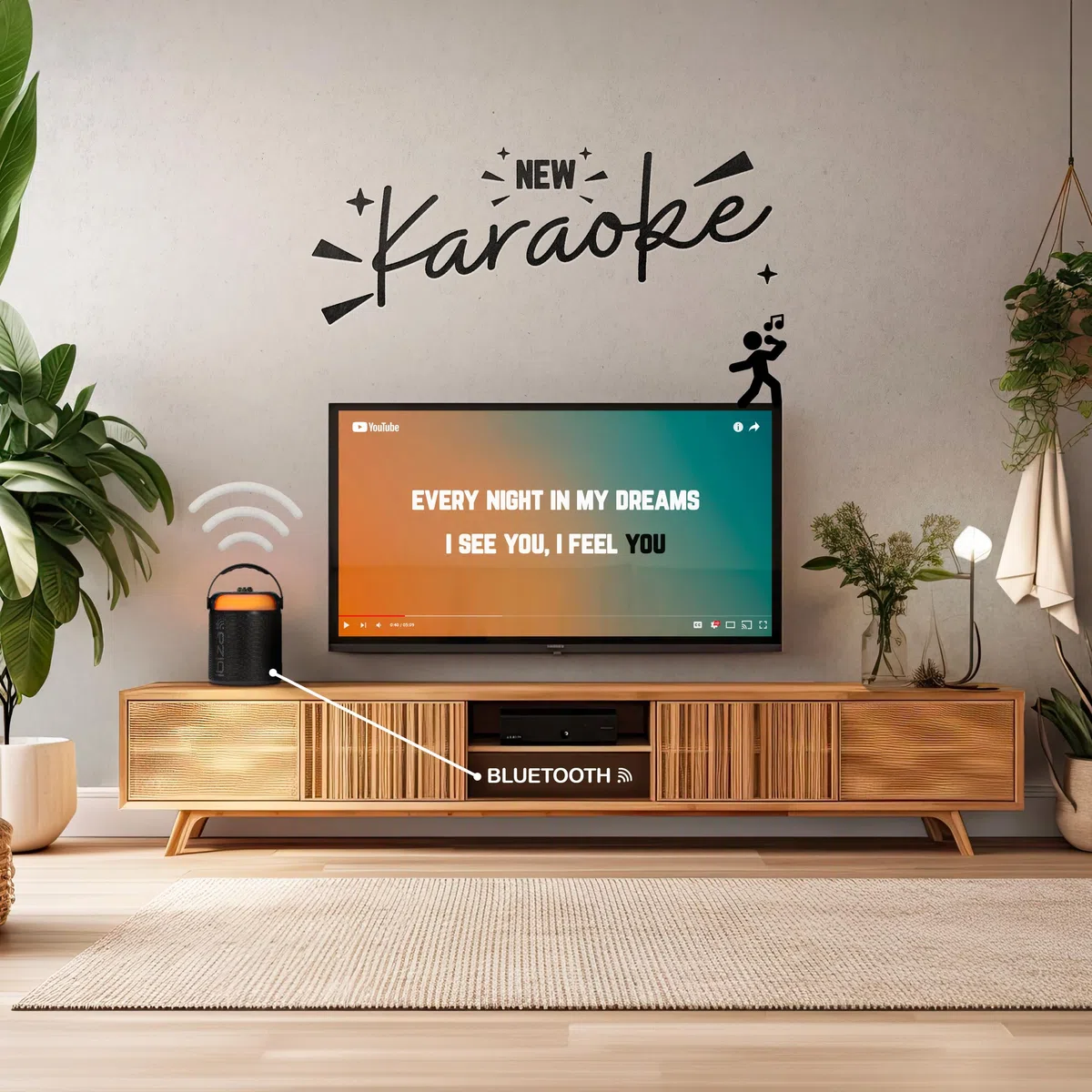 Ibiza - KARAHOME-BK - Batteriebetriebenes leichtes Karaoke-Lautsprechersystem mit Zwei drahtlosen Mikrofonen (batteriebetrieben) - Bluetooth, USB, MicroSD, USB, AUX und Coax - Schwarz