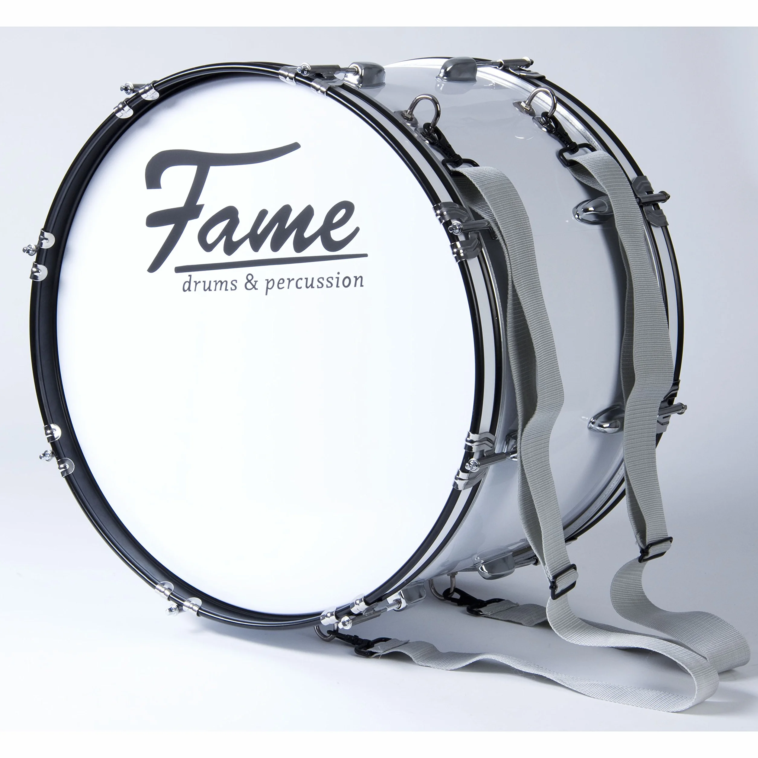 Fame Marching Bass Drum, 24"x12", Leicht, Hochwertig, mit Tragegurt & Beater, 7-Lagen Lindenholz Kessel, Schaumstoff-Dämpfringe, inklusive Stimmschlüssel, Ideal für Einsteiger"