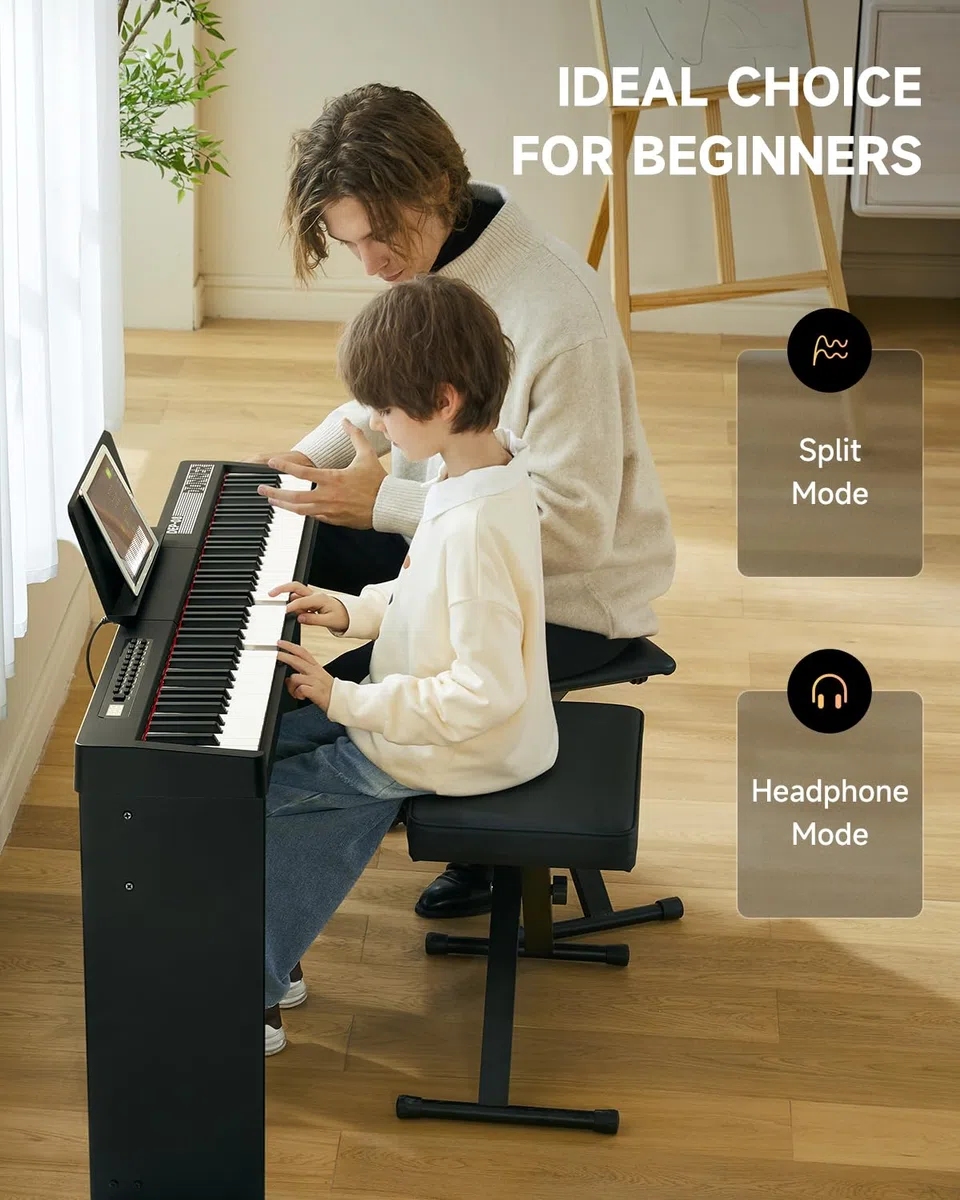 Donner Digitales Klavier mit 88 anschlagdynamischen Tasten und abnehmbarem Ständer, kompaktes E-Piano für Anfänger mit Split-Modus, LED-Digitalanzeige und Dreifachpedal, DEP-08