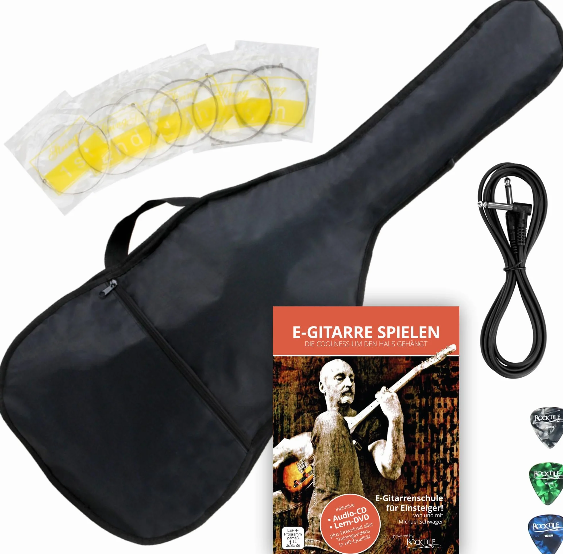 Rocktile Pro ST60-SK E-Gitarre Skull mit Zubehör (Gitarre Gigbag Tasche, Kabel, Plektren, Gitarren Schule mit CD & DVD, Satz Gitarrensaiten)