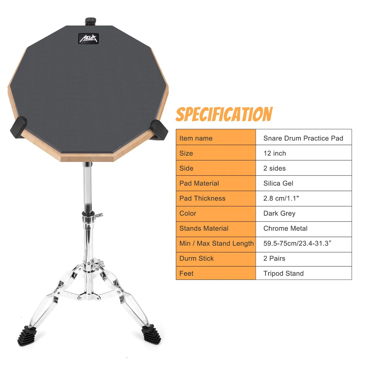 Drum Practice Pad Set AKLOT 12" Kieselgel Übungspad mit Snare Ständer Rucksack Drumsticks für erwachsene Kinder