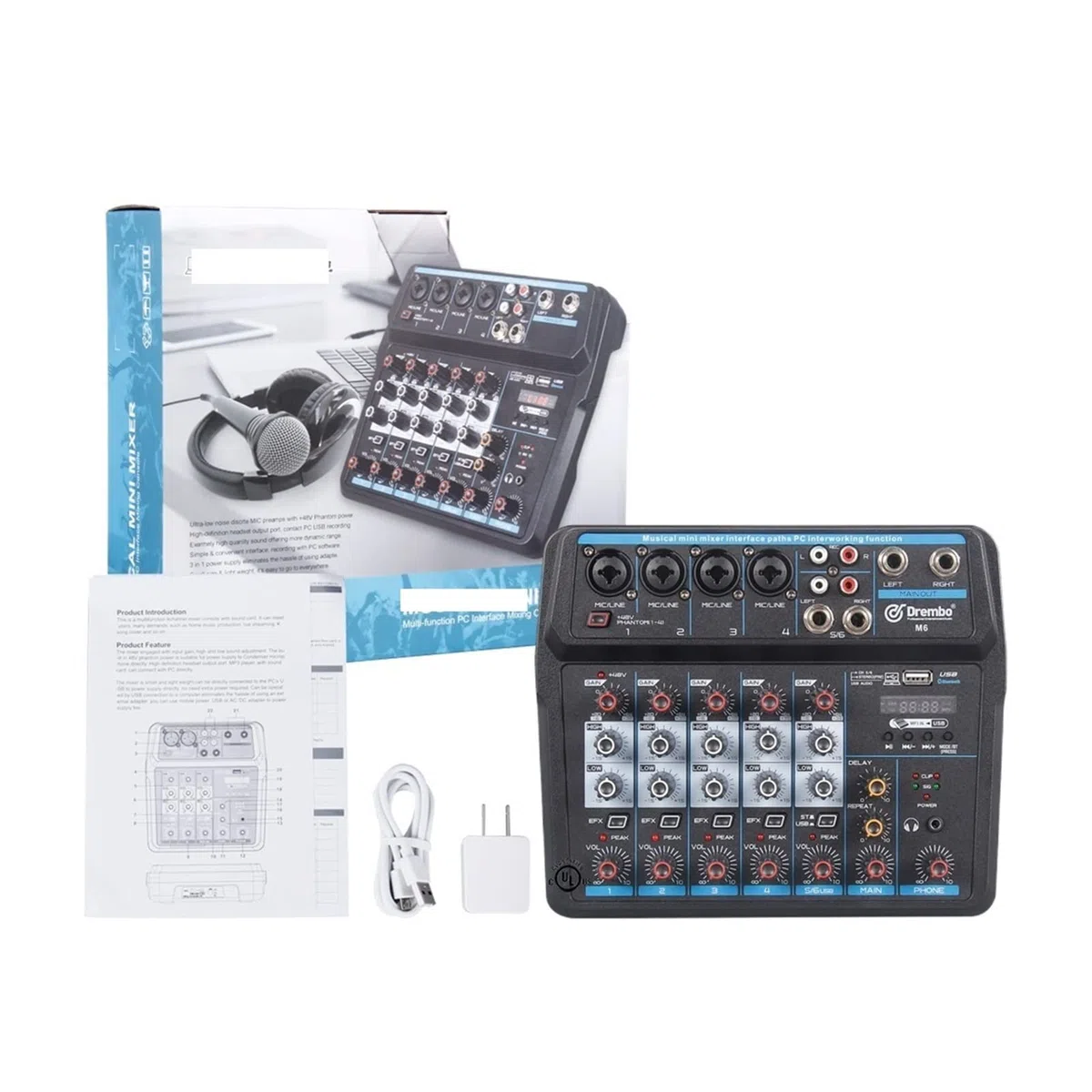 Audiomixer, M-4/6 Proteable Mini Mixer Audio DJ Konsole mit Soundkarte, USB, 48 V Phantomkraft for PC Aufnahme der Gesangs -Webcast -Party(M6)