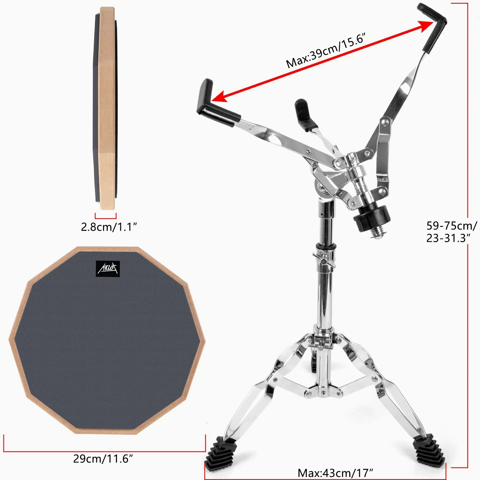 Drum Practice Pad Set AKLOT 12" Kieselgel Übungspad mit Snare Ständer Rucksack Drumsticks für erwachsene Kinder