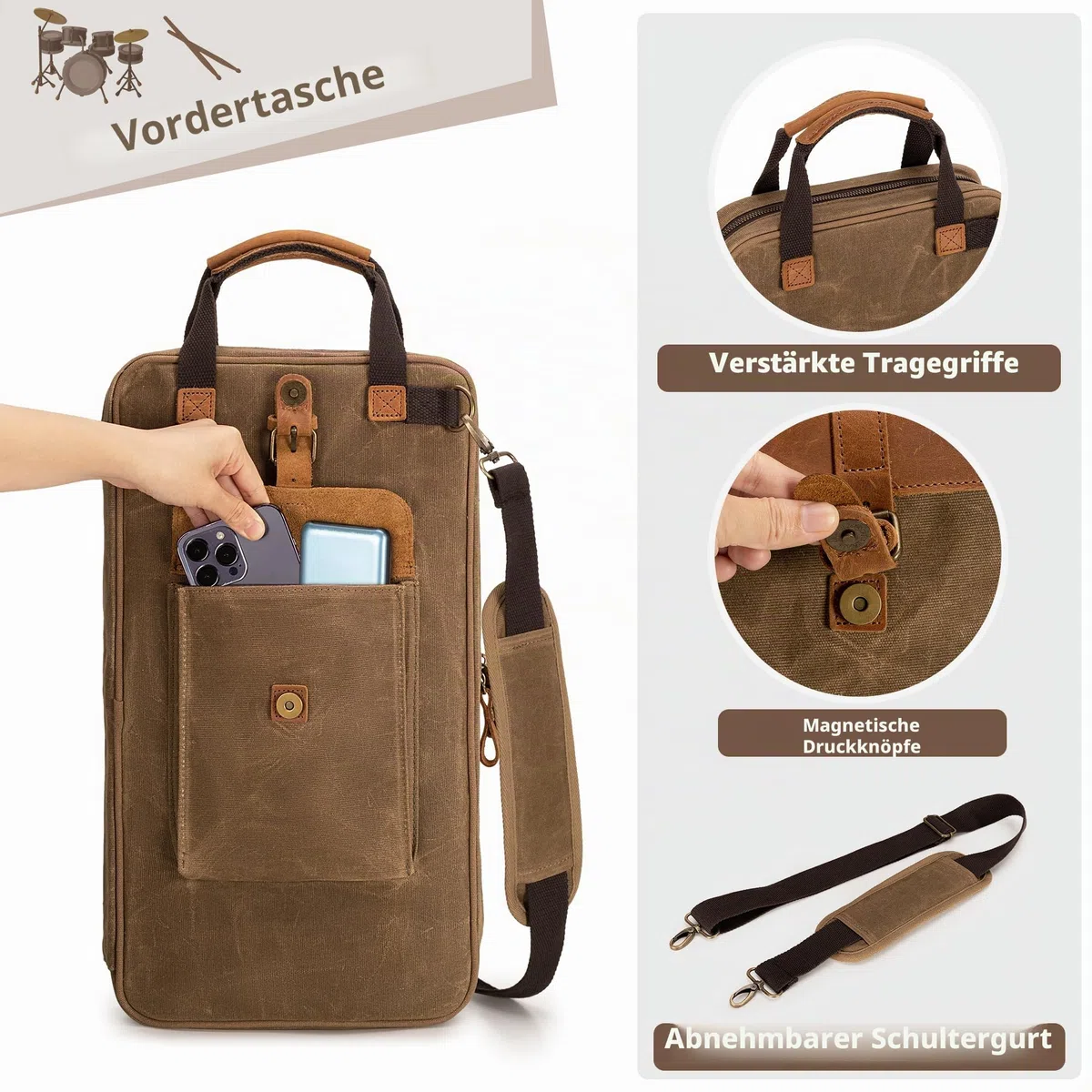 Damero Trommelstocktasche aus gewachstem Canvas, Mallet Aufbewahrungstasche mit Griff und abnehmbarem Schulterriemen, Stocktasche für Schlagzeuger, Anfänger Bands Drummer, Gigs