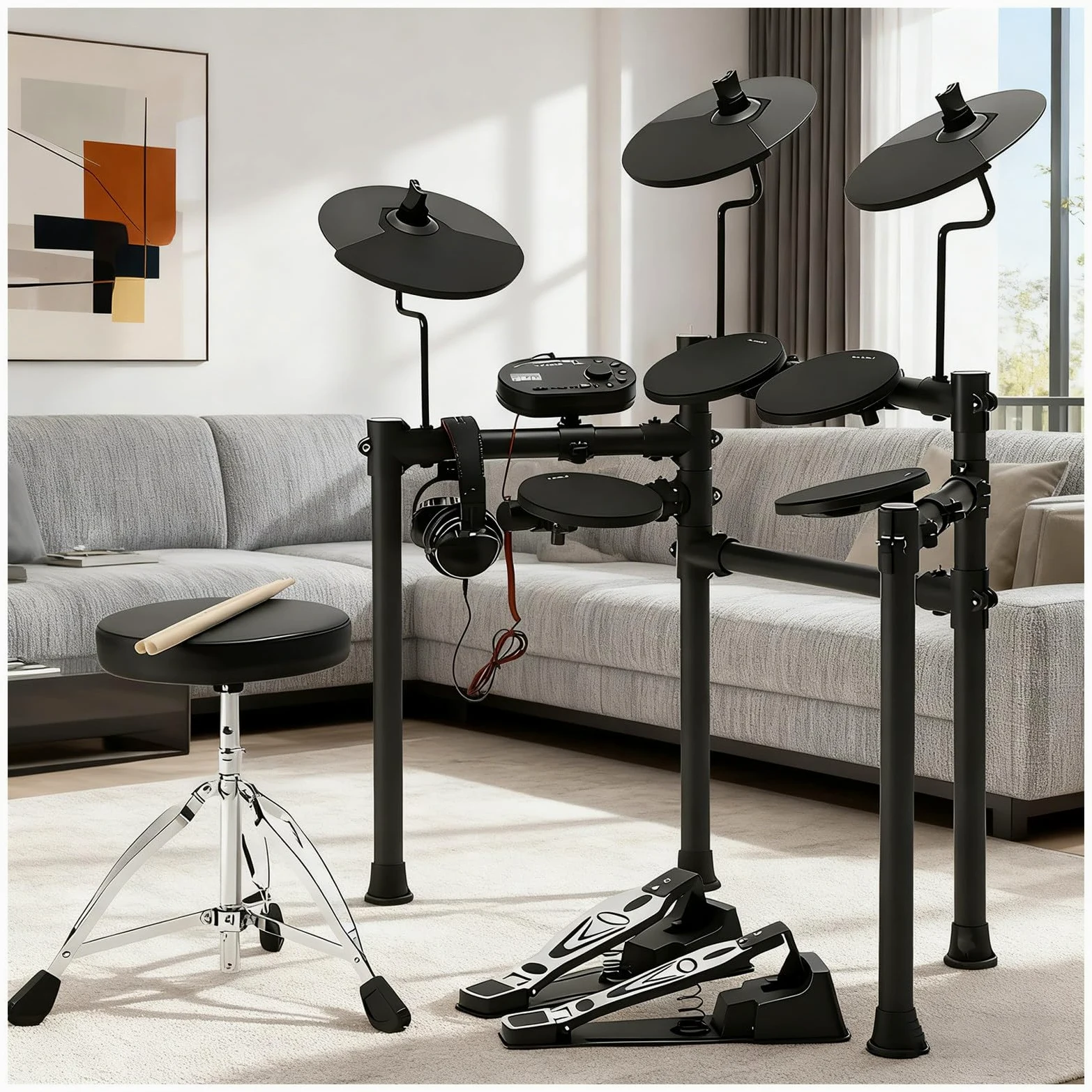 Komplettes E-Drumset Mit Geräuschlosen Silikonfellen, Hi-Hat-Pedal, Beckenpads, Hocker, Drumrack, Kopfhörern Und Sticks – Perfekt Für Anfänger Und Kinder Standard