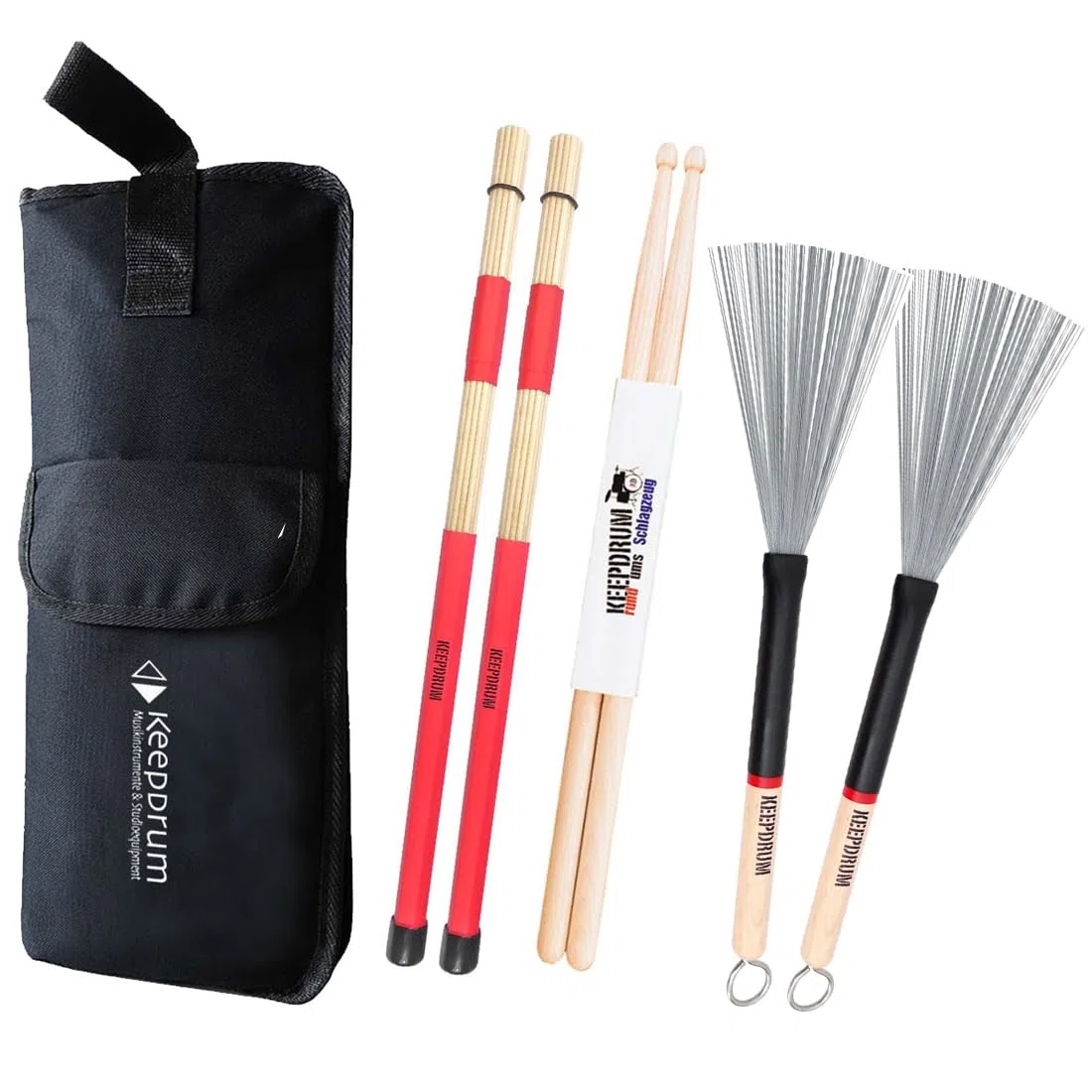 keepdrum Stickbag Starter-Set + SV1 Rods + SV507 Jazz Besen + 5A Drumsticks
