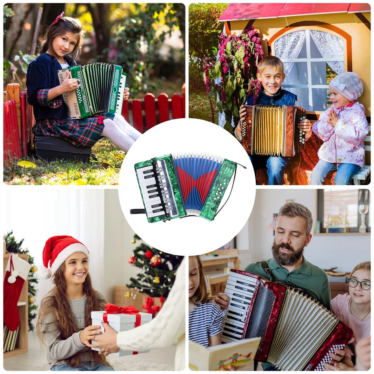 QUARKZMAN Akkordeon, 17 Tasten 8 Bassknopf Ziehharmonika Mini Musikinstrument Leicht für Erwachsene Anfänger Bildung, Grün