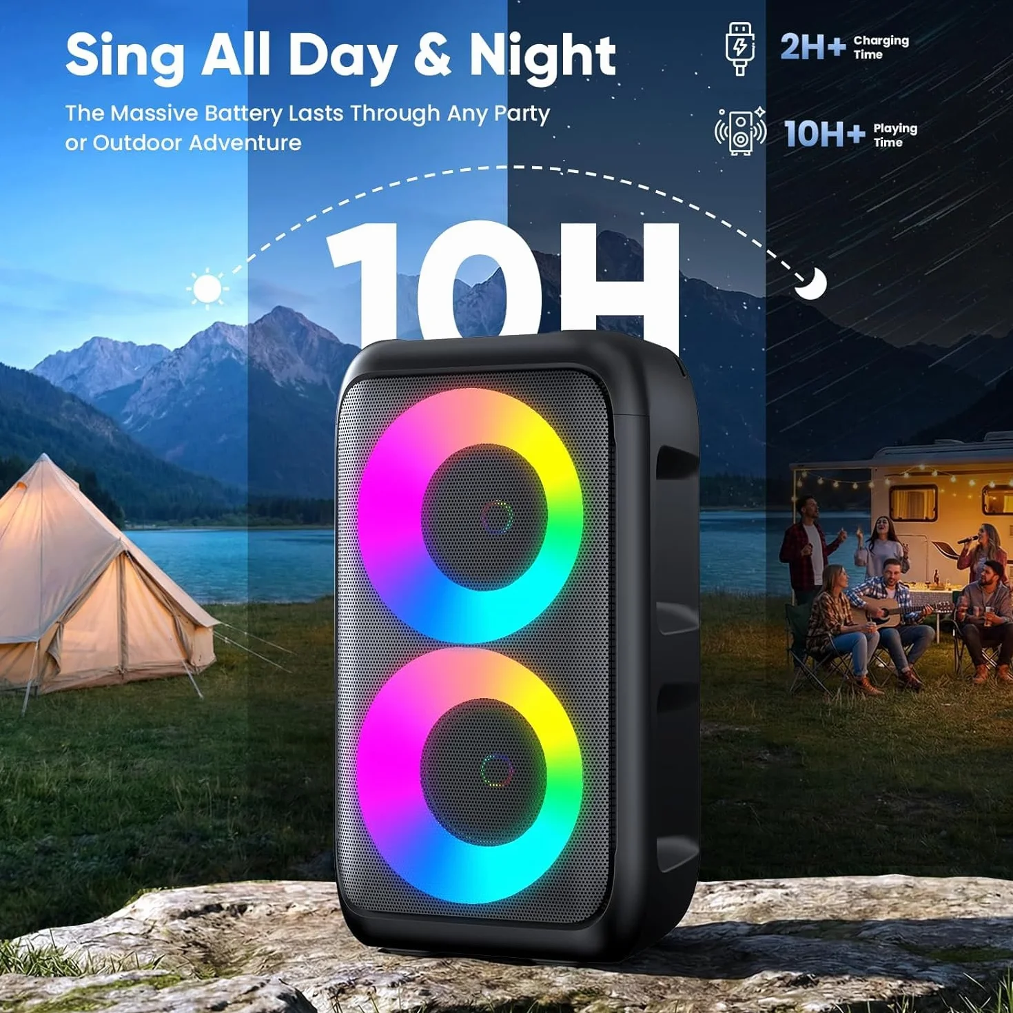 Karaoke Maschine (2026 Neu) | Karaoke Anlage mit 2 Mikrofonen Wiederaufladbaren | 2x15W Karaoke Box für Kinder | Bis zu 10 Stunden Spielzeit | Unterstützt TV/Phone/TWS/AUX | Ideal für Partys/Outdoor