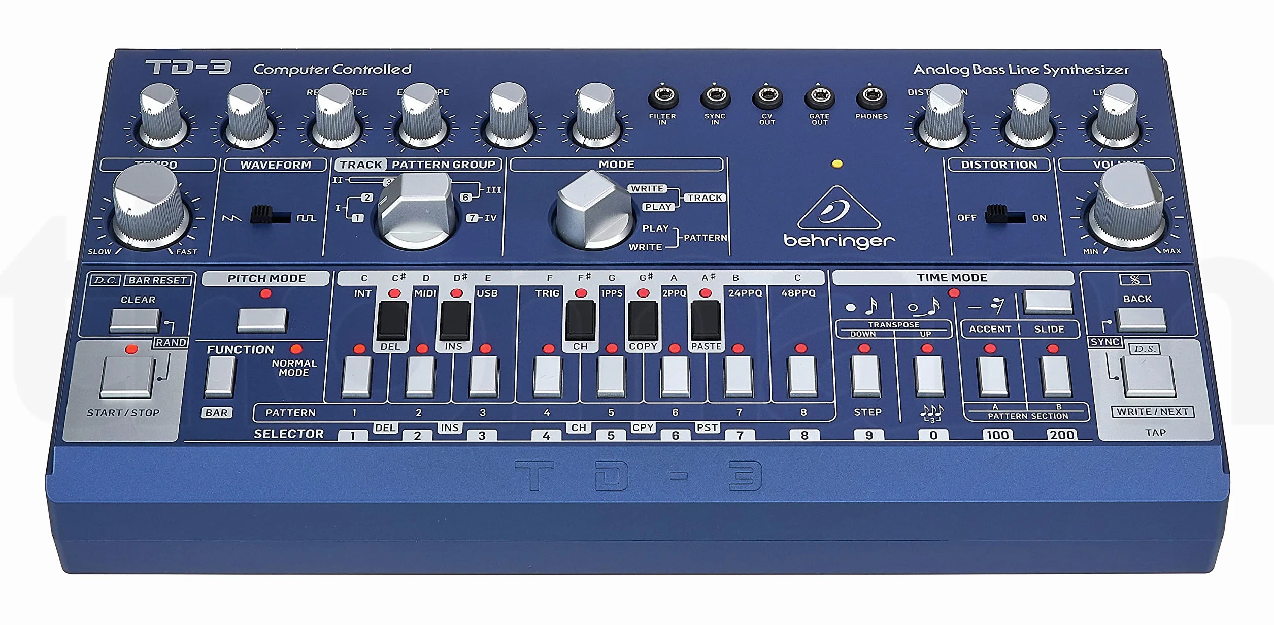 Behringer TD-3-BU Analoger Bass-Line-Synthesizer mit VCO, VCF, 16-Stufen-Sequenzer, Distortion-Effekten und 16-stimmiger Polykette