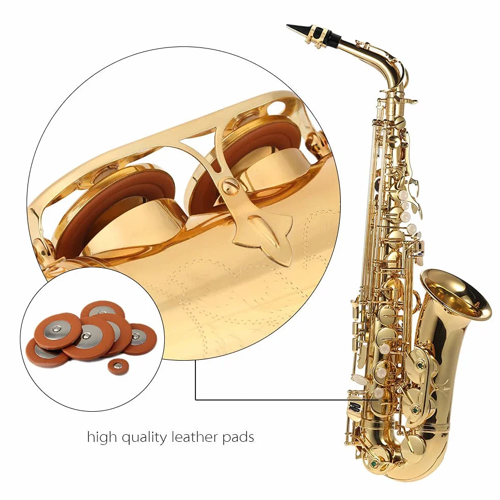 Alto Saxophon, vergoldetes Messing und Sax Becken, 802 Tonart, Woodwind-Instrument, mit Reinigungsbürste, Tuch, Handschuhen, Korkfett, gepolstertem Trageriemen