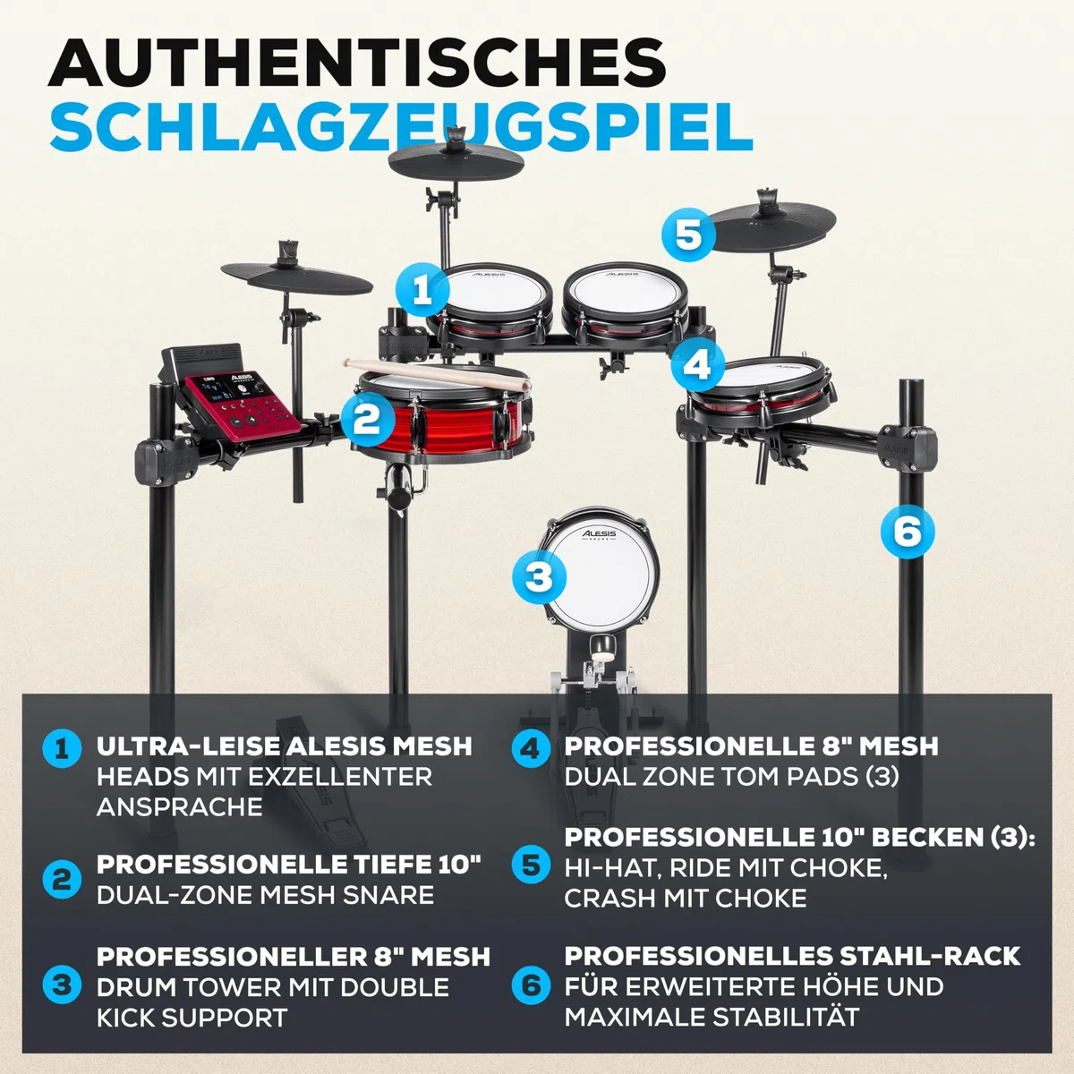 Alesis Nitro Pro Schlagzeug Elektronisch mit leisen Dual Zone Mesh Pads, 500+ authentischen BFD-Sounds, Bluetooth, Drumeo, USB-MIDI, Double Kick kompatibel