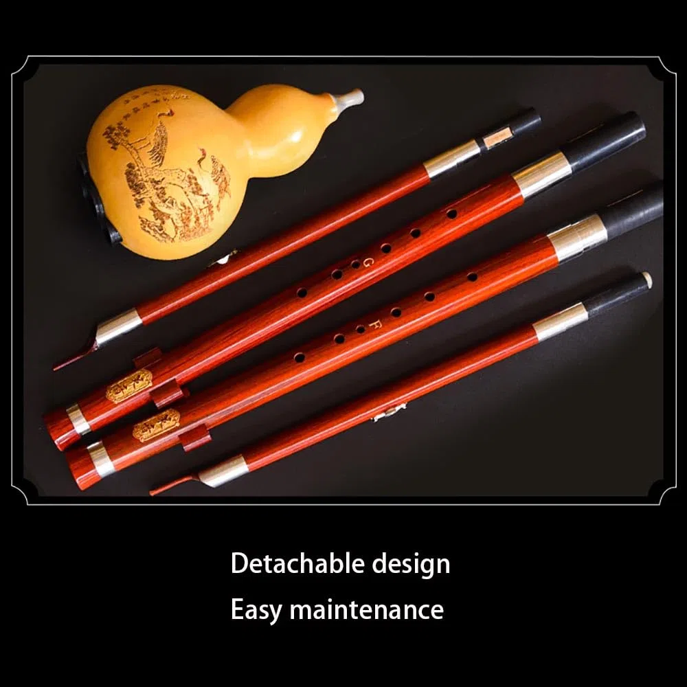 Hulusi Bambus-Kürbis-Cucurbit-Flöte, professionelle Rotholz-Doppelton-Hulusi-Flöte, F+G-Schlüssel/Bb+C-Schlüssel/Moll-D+C-Taste mit chinesischem Knoten, Instrumentenbox (F+G-Taste)