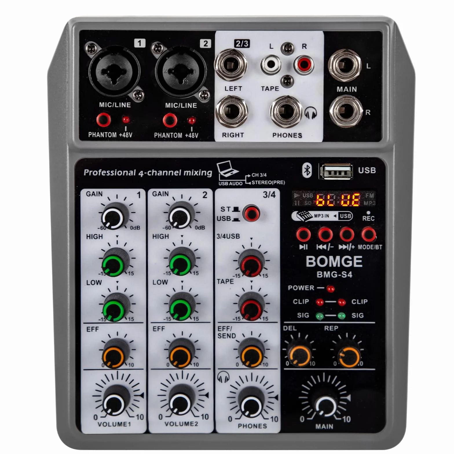 BOMGE Professioneller Audio-Mixer, Soundboard-Mischpult mit 4-Kanal-Digital-USB-Bluetooth-Echo-Delay-Effekt, Eingang 48 V Phantomspeisung, Stereo-DJ-Mixer für Aufnahme, Live-Streaming, Podcasting