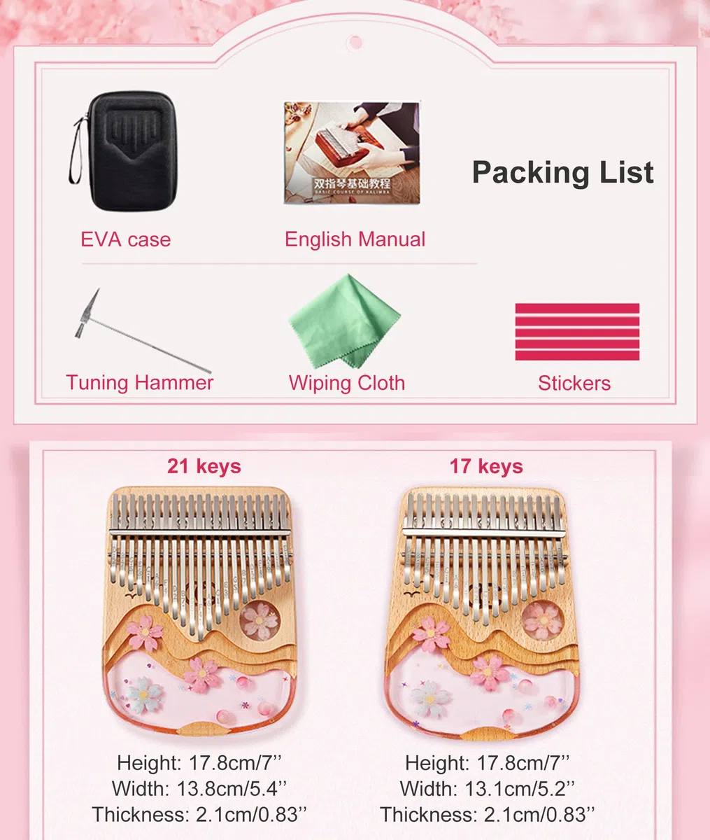 BOTOWI 21 Key Daumenklavier Crystal Kalimba, Transparentes Acryl C-Ton mit Eva-Tasche, 17 Tasten Fingerklavier Musical Geschenk, Aufkleber, Stimmhammer, Reinigungstuch,21keys Sakura