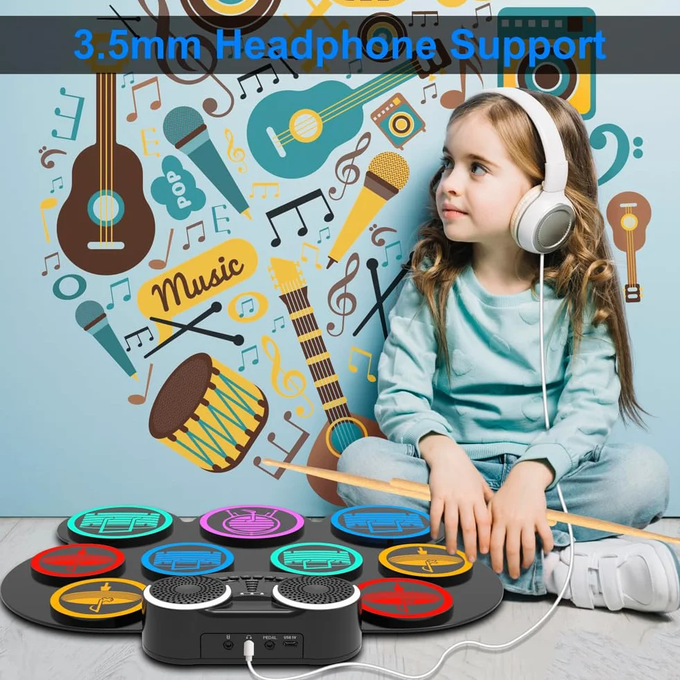 Schlagzeug Elektronisch, 9-Pad Digitales E Drum Set mit Lautsprechern/Kopfhöreranschluss, Tragbares Elektro Schlagzeug Kinder mit Bluetooth MIDI für Anfänger, 10 Stunden Laufzeit