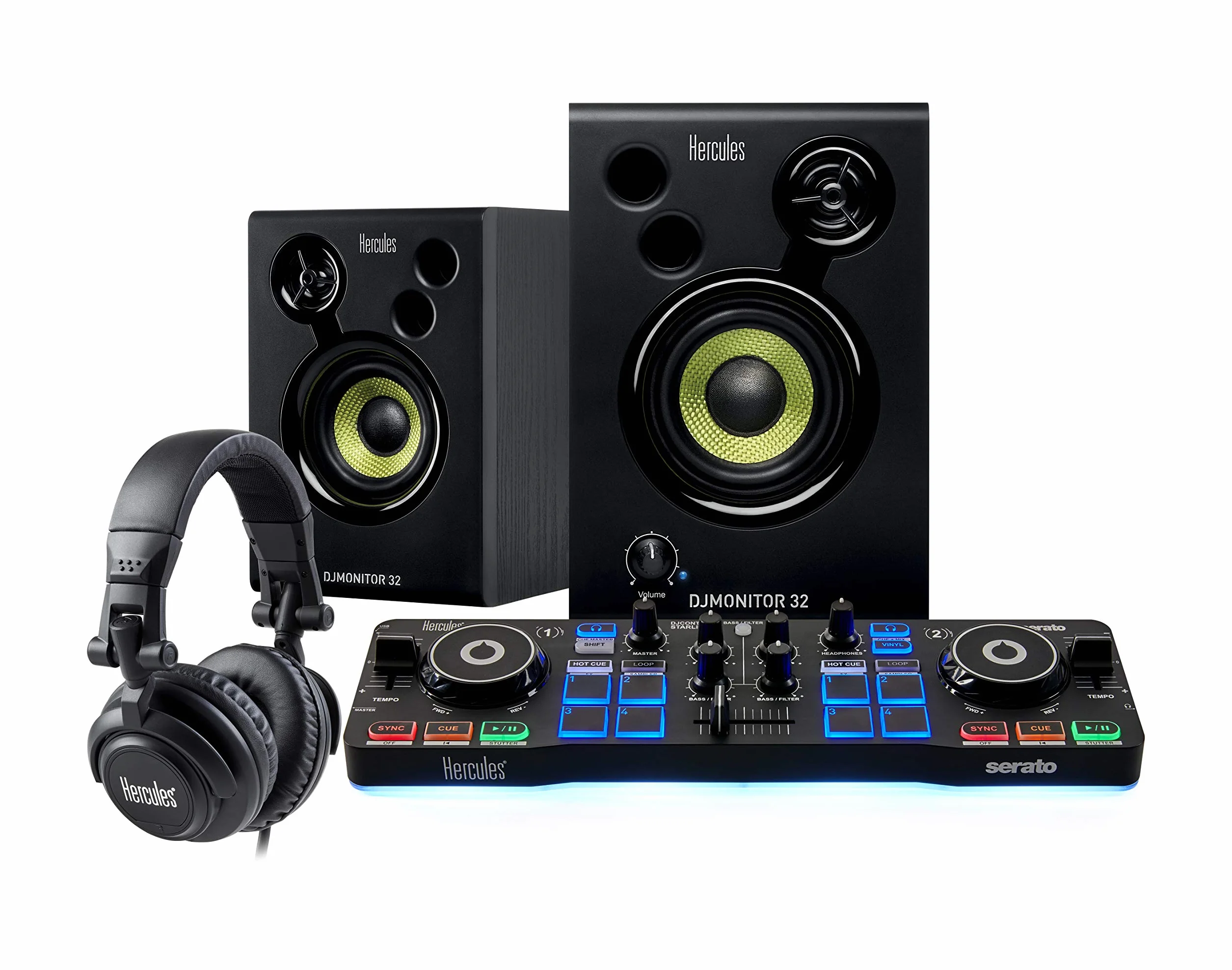 Hercules DJStarter Kit - Komplettes DJ-Bundle mit DJControl Starlight, Monitor 32 Studiomonitoren und HDP DJ45 Kopfhörern