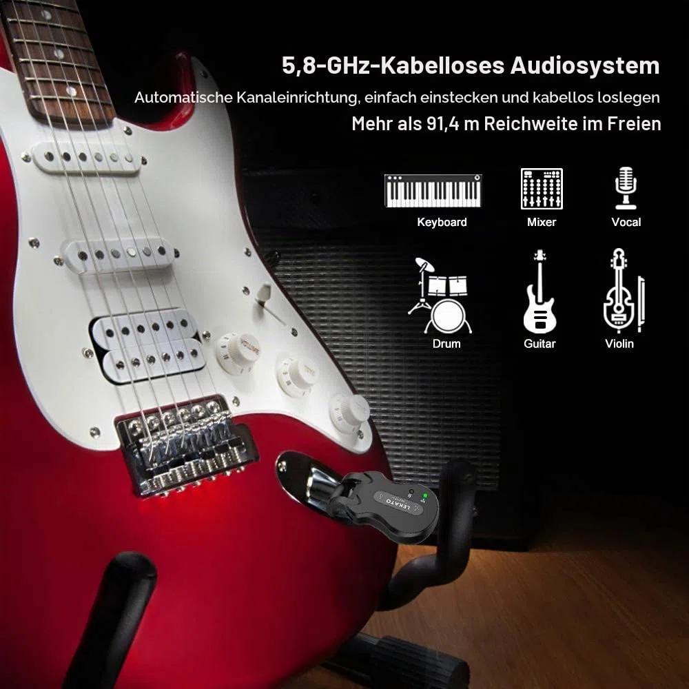 LEKATO 5,8 GHz Drahtloses Gitarrensystem Drahtloses Gitarrensystem Wiederaufladbares digitales Gitarrenkabel mit starker Anti-Interferenz-Fähigkeit für Bassgitarren