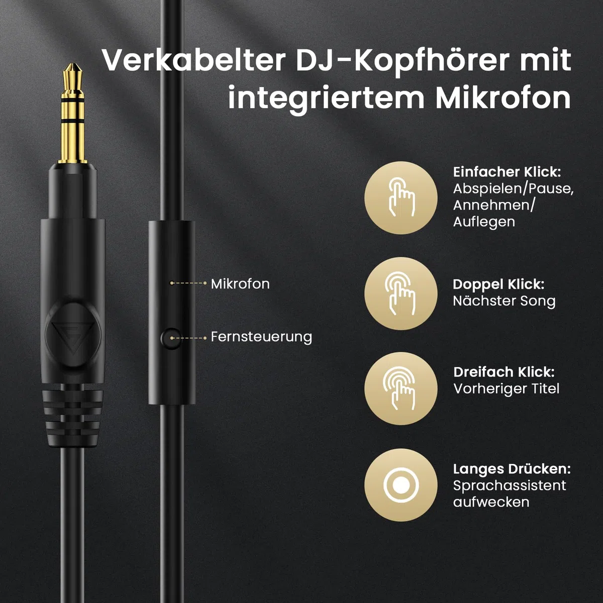 DOQAUS Over Ear Kopfhörer mit Kabel, 50mm HiFi Studio Kopfhörer für DJ & Monitoring, mit 6.35mm & 3.5mm Dual-Stecker, Share Port, Bequeme Ohrpolster, Drehbare Ohrmuscheln, Schwarz