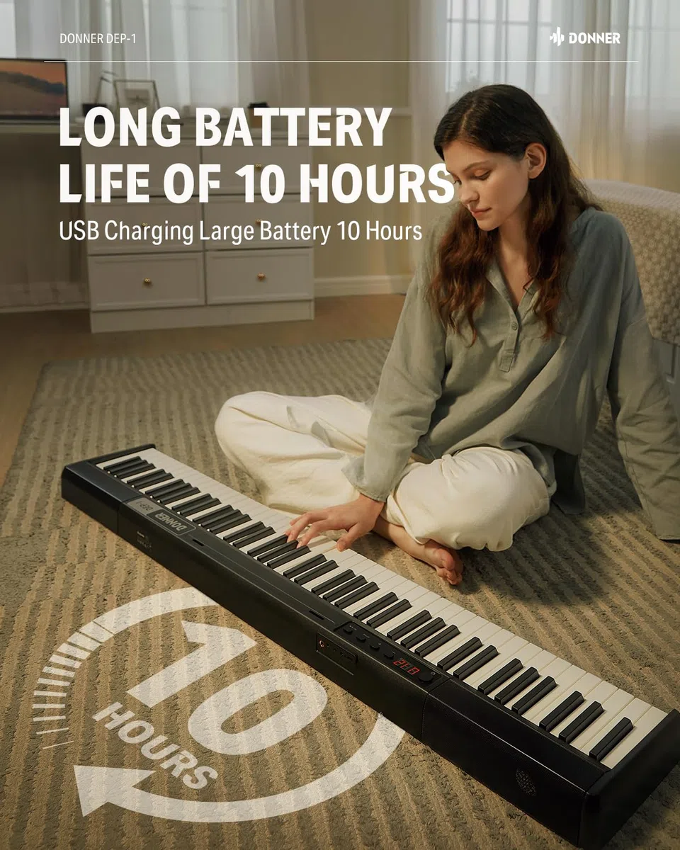 Donner DEP-1 Piano Keyboard 88 Tasten, Anfänger Digital Keyboard Piano Geschwindigkeitsempfindliche Tasten, Tragbares E-Piano mit Ständer, Sustain Pedal, Tragetasche und Keyboard-Aufklebern