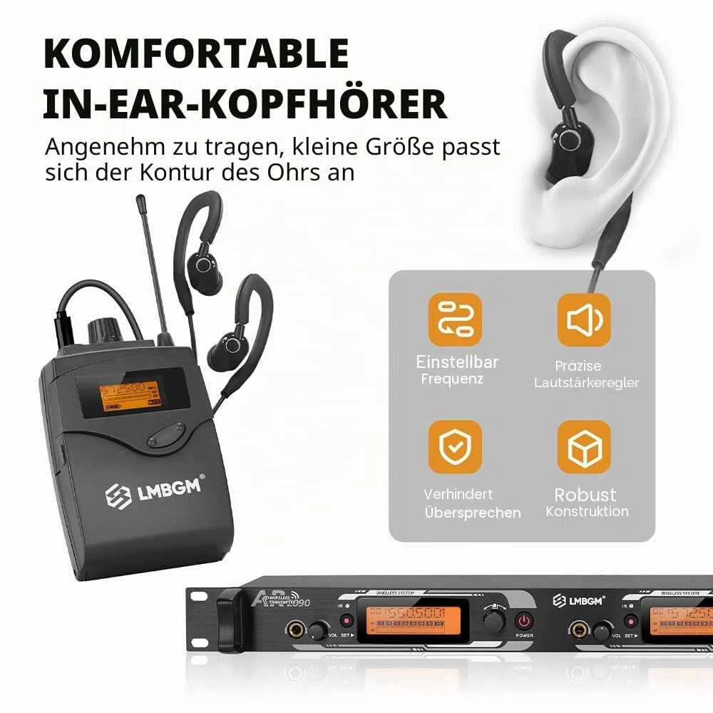 AR2090 Mono UHF Dual Channel Wireless In-Ear Monitoring System Ideal für Aufnahmestudios, Kirchen und Bandaufführungen (2 Kanäle, 2 Bodypack)